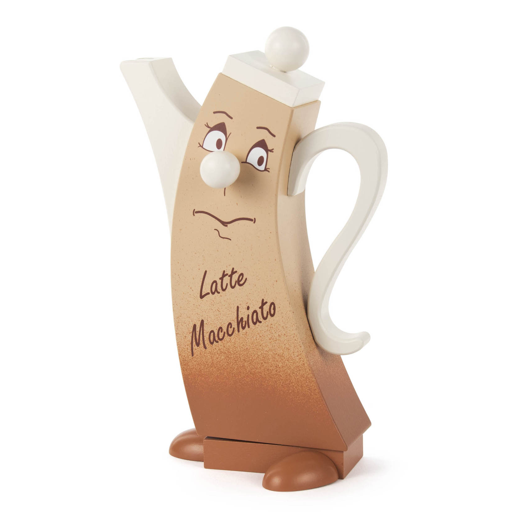 Holzräucherfigur in Form einer Kaffeekanne, mit aufgemaltem Gesicht und der Aufschrift 'Latte Macchiato', auf Füßen stehend. im Dregeno Online Shop günstig kaufen