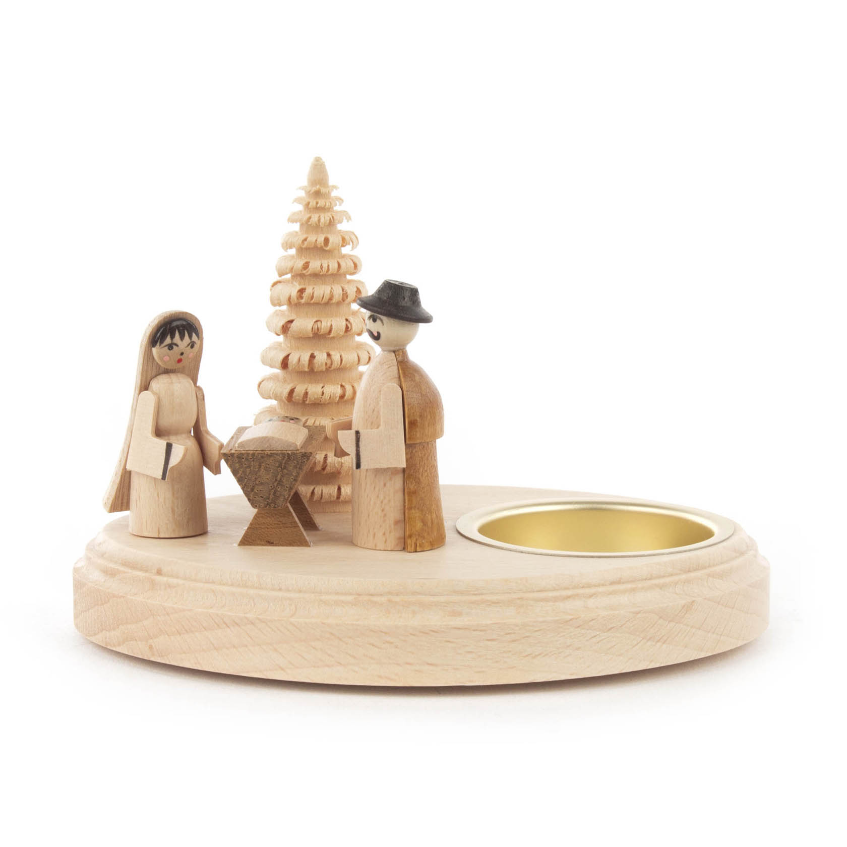 Holz-Teelichthalter mit Holzfiguren einer Weihnachtskrippe: Maria, Josef, Krippe mit Jesuskind und Weihnachtsbaum. im Dregeno Online Shop günstig kaufen
