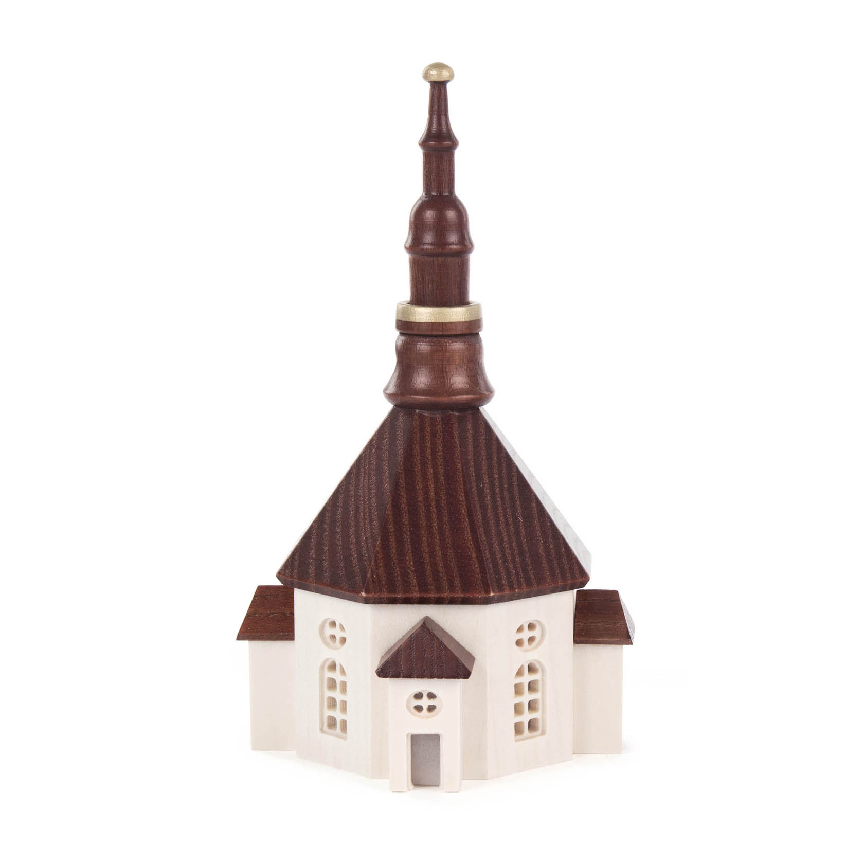 Miniaturmodell der Seiffener Kirche mit markantem, hohem, braunem Turm und detaillierten, ausgestanzten Fenstern und Türen. im Dregeno Online Shop günstig kaufen