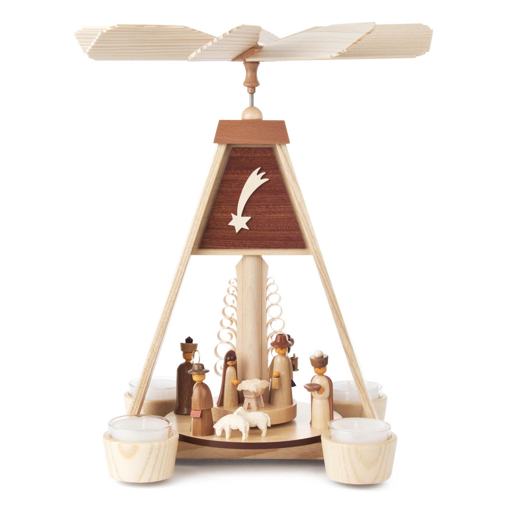 Holzpyramide mit Szenen der Geburt Christi, inklusive Maria, Josef, Jesuskind, drei Weisen und Schafen. Teelichtständer an den Ecken und Rotorflügel oben. im Dregeno Online Shop günstig kaufen