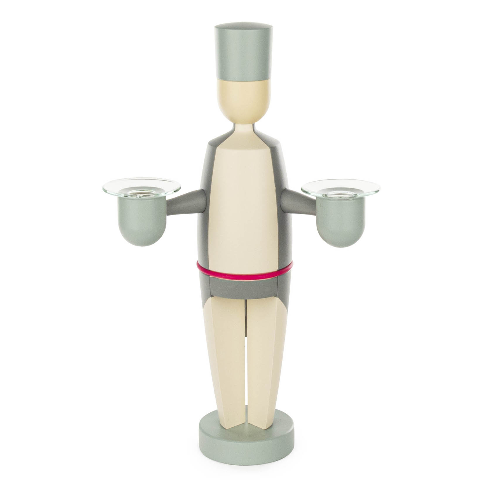 Holzfigur eines Bergmanns mit grauer Uniform, roten Gürtel und silbernem Helm, in beiden Händen Teelichthalter haltend. im Dregeno Online Shop günstig kaufen