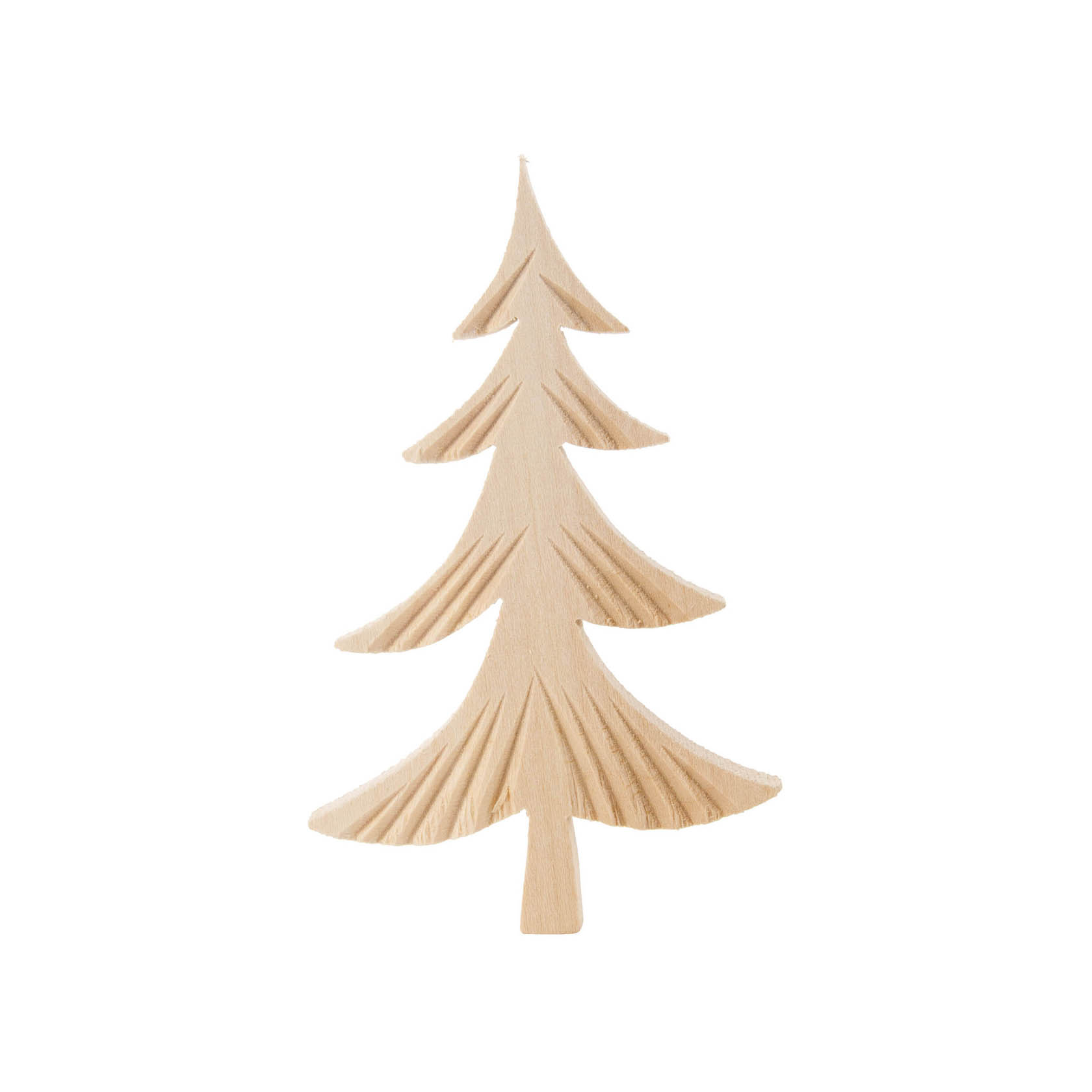 Ein ca. 100 mm großer, geschnitzter Baum aus Holz mit klar erkennbaren Asteinkerbungen und einer natürlichen, hellen Holzfarbe. im Dregeno Online Shop günstig kaufen