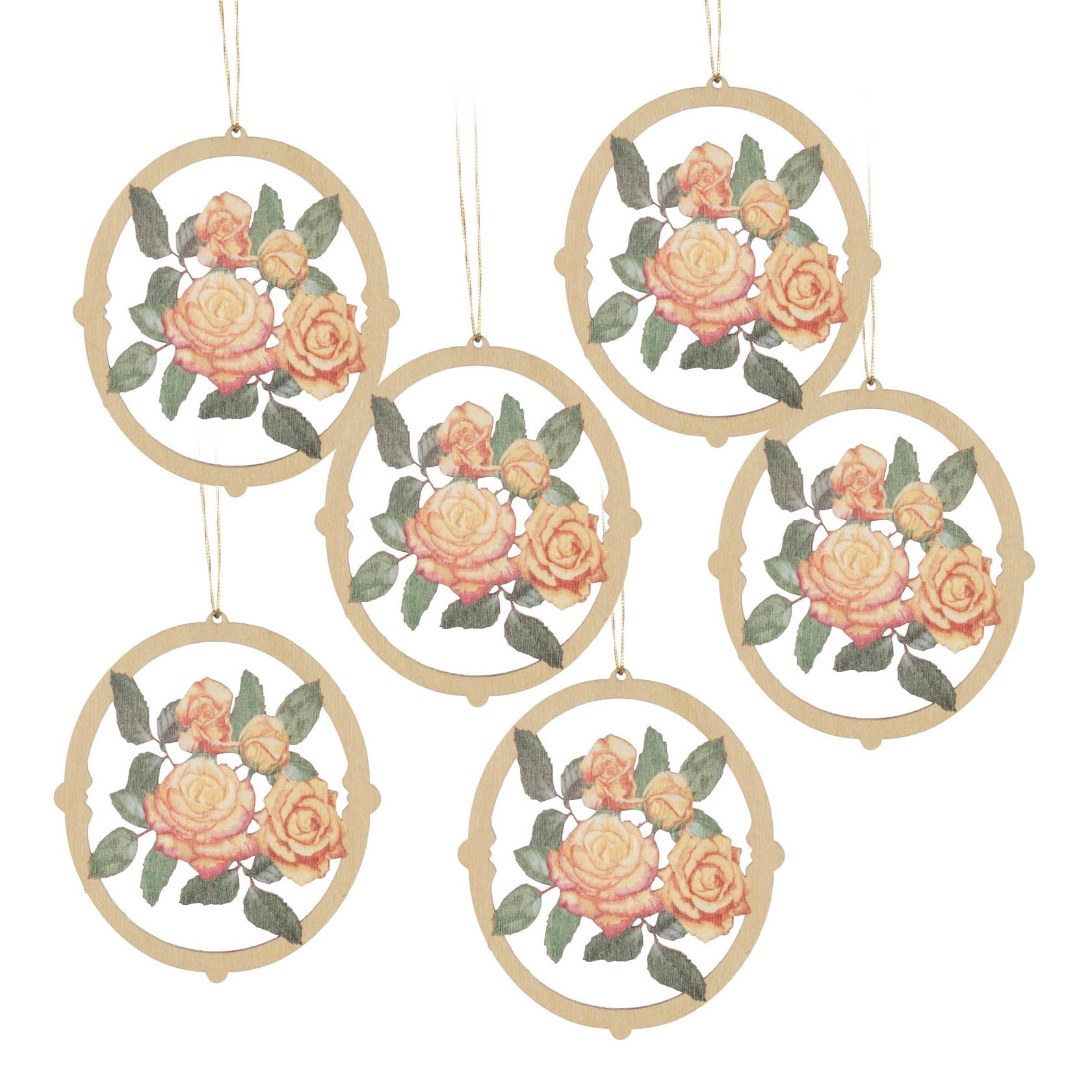 Sechs runde hängende Deko-Elemente mit Aquarell-Rosen im Inneren, die von einem filigranen Holzrahmen umgeben sind.