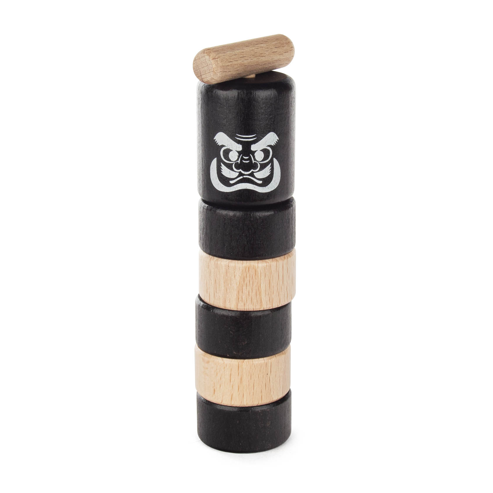 Das Geschicklichkeitsspiel 'Daruma Otoshi' besteht aus mehreren Holzklötzen, die aufeinander gestapelt sind. Oben ist ein Holzhammer zu sehen. im Dregeno Online Shop günstig kaufen