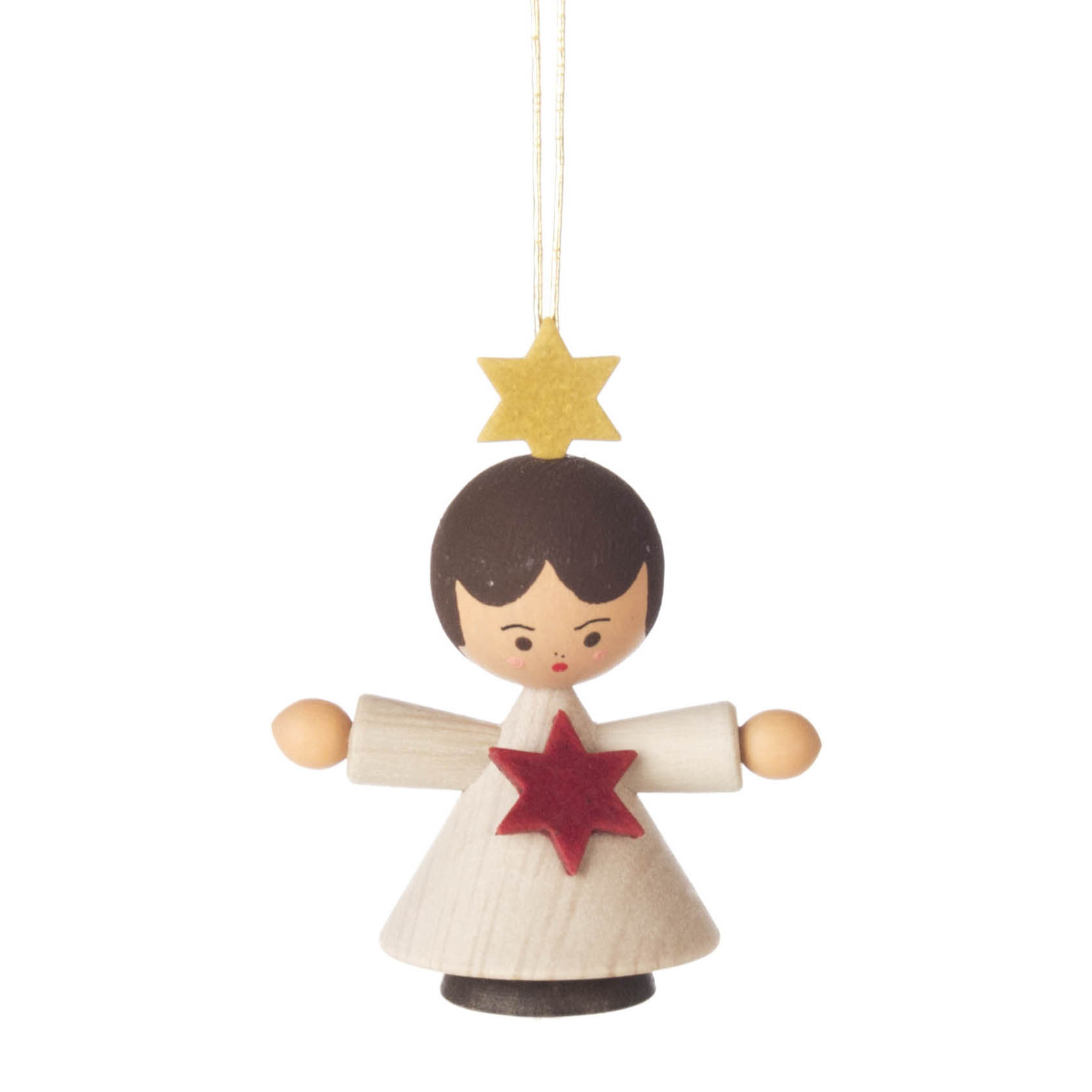 Wooden angel ornament with a yellow star above its head and a red star on its chest, featuring an expressionless face and short brown hair. im Dregeno Online Shop günstig kaufen