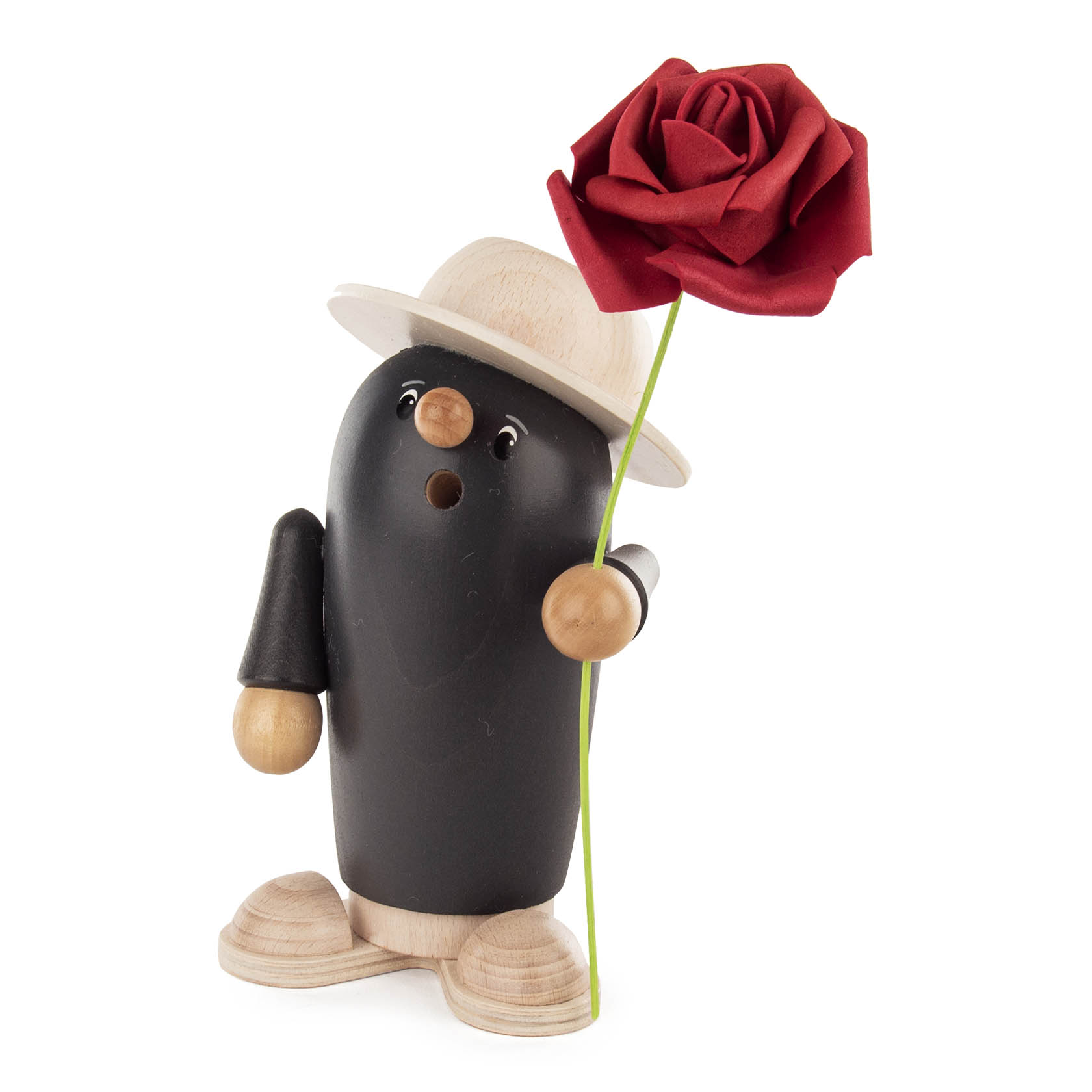 Räucherfigur 'Rudi der Gentleman' in grau mit weißem Hut und einer Rose in der Hand. im Dregeno Online Shop günstig kaufen