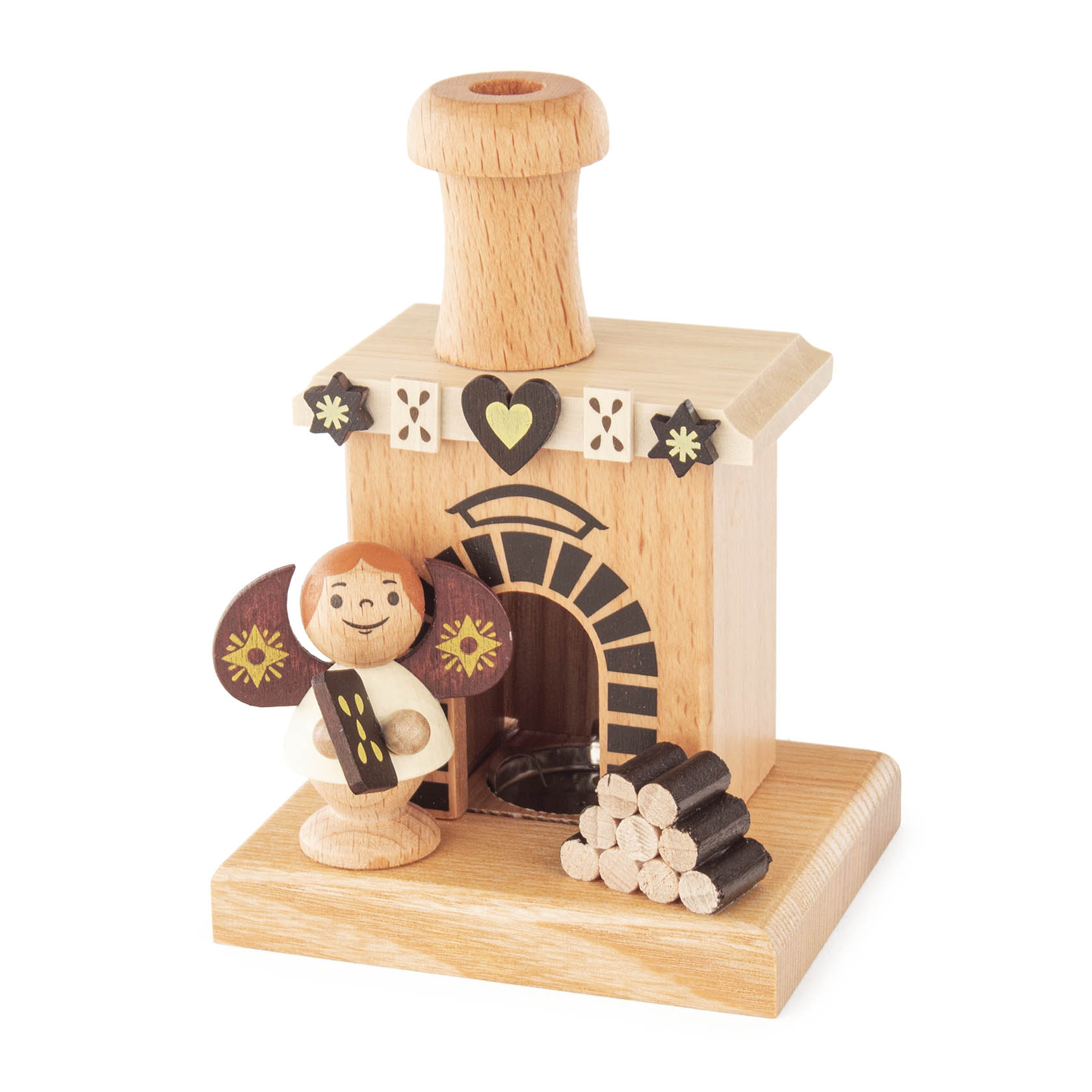 A wooden incense smoker shaped like a small house with a chimney, featuring a smiling angel holding a golden star beside it. Firewood details are added. im Dregeno Online Shop günstig kaufen