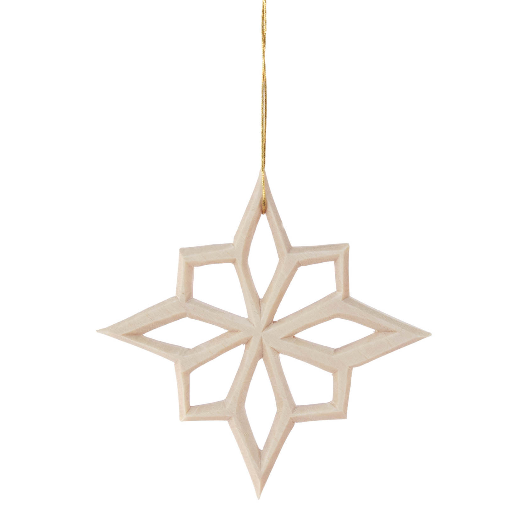 Ein geschnitzter Stern aus hellem Holz mit sechs Zacken, an einem goldenen Faden aufgehängt. im Dregeno Online Shop günstig kaufen