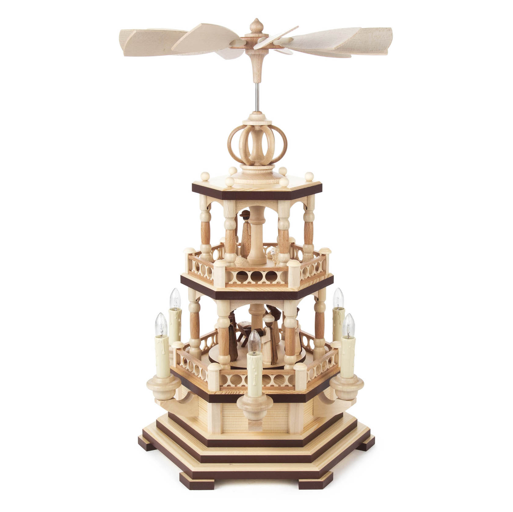 Zweistufige Holzpyramide mit Darstellung der Geburt Christi, elektrisch beleuchtet, mit Flügelradantrieb oben und Figuren auf beiden Ebenen. im Dregeno Online Shop günstig kaufen