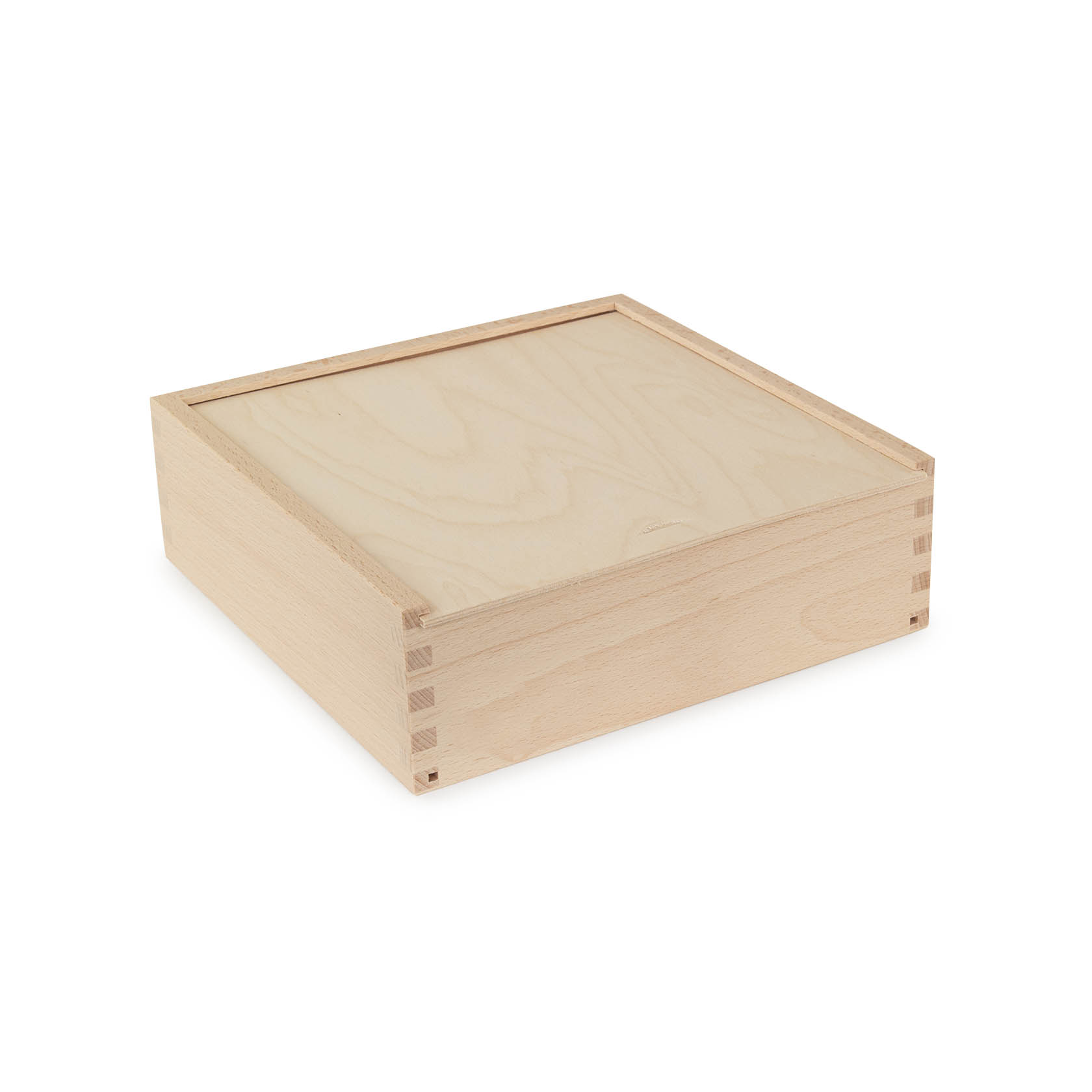Ein quadratischer Holzkasten mit abnehmbarem Deckel, in heller Holzfarbe. Die Ecken sind mit einer Fingerzinkung verbunden. im Dregeno Online Shop günstig kaufen