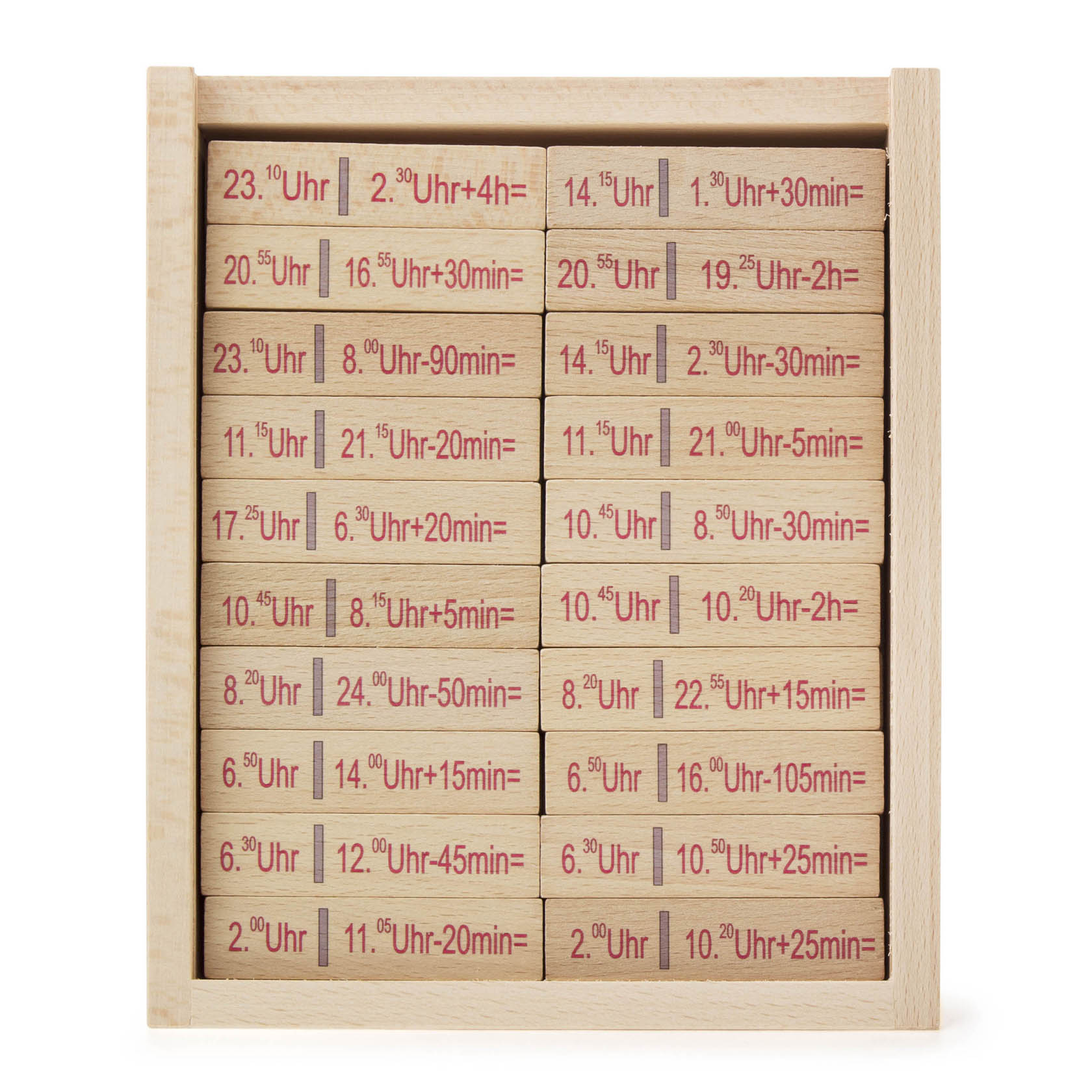Ein Holztablett mit 40 Rechendomino-Steinen, die Uhrzeiten und Rechenoperationen darstellen. Jeder Stein zeigt eine Uhrzeit und eine mathematische Berechnung. im Dregeno Online Shop günstig kaufen