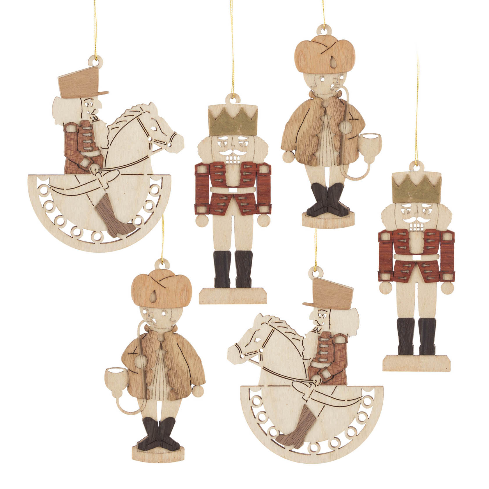 Sechs hölzerne Weihnachtsornamente: zwei Nussknacker, zwei Räuchermänner und zwei Reiter aus dem Erzgebirge, gestaltet in traditionellen Farben. im Dregeno Online Shop günstig kaufen