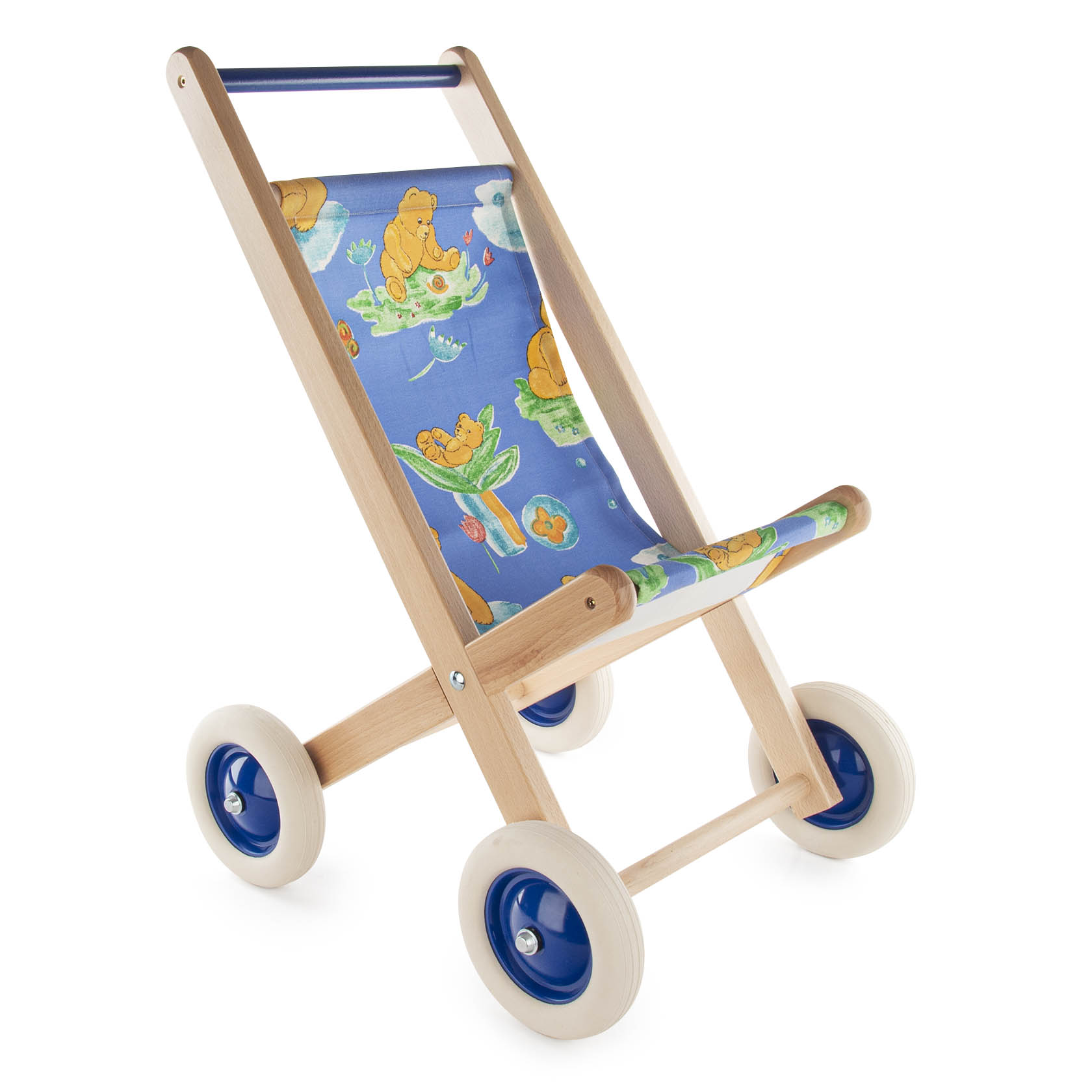 Ein Puppenbuggy aus Holz mit blauem Stoffbezug und blauen Rädern. Auf dem Stoff sind bunte Bärenmotive zu sehen. im Dregeno Online Shop günstig kaufen