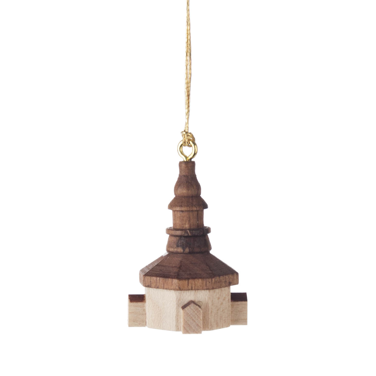 Wooden ornament representing Seiffen Church with a round base and a tall, pointed steeple, hanging from a golden string. im Dregeno Online Shop günstig kaufen