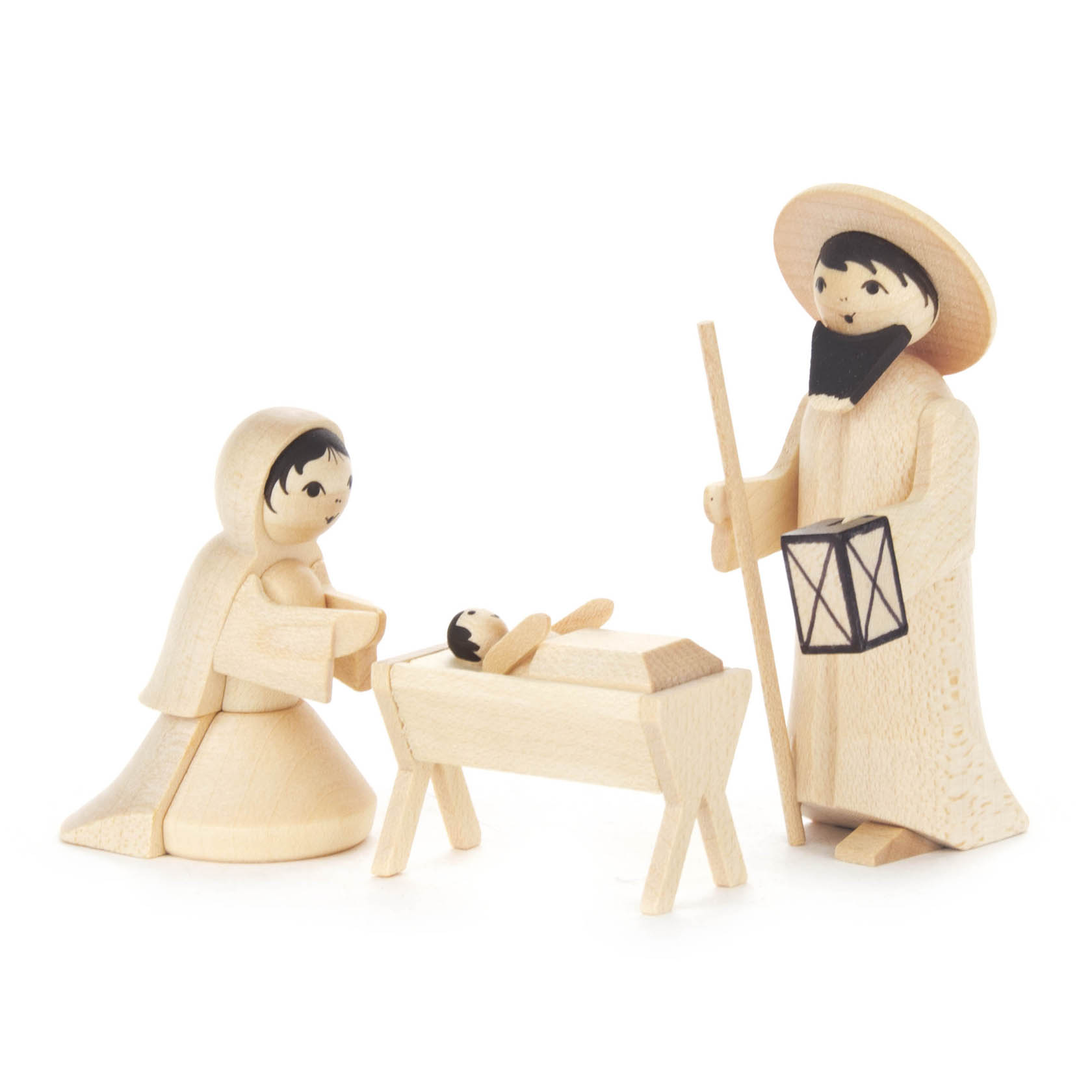 Holzfiguren der Heiligen Familie: Maria kniet neben der Krippe mit Jesuskind, Josef in Hirtenkleidung steht mit Laterne und Stab daneben. im Dregeno Online Shop günstig kaufen