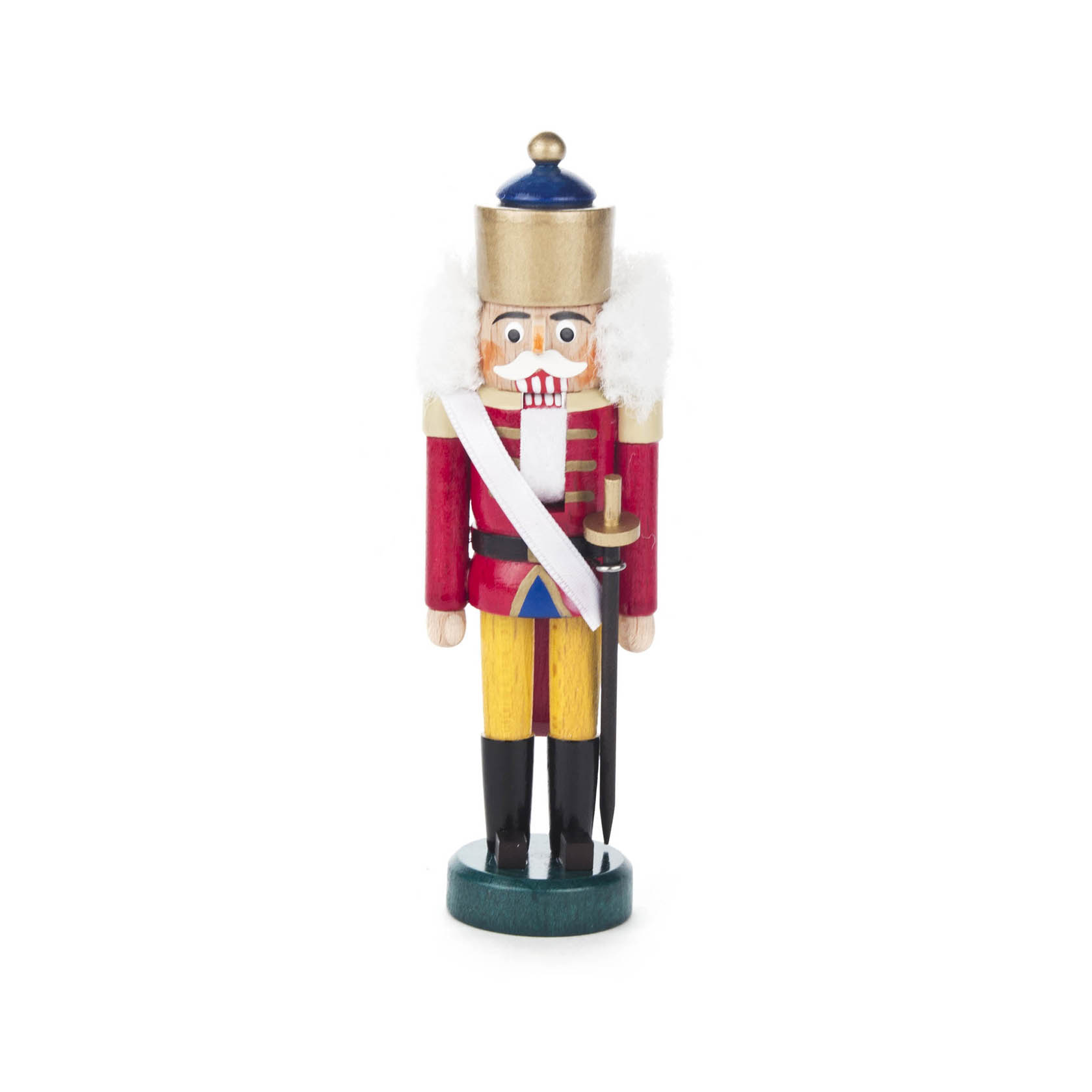 Ein traditioneller Nussknacker in Form eines Königs. Er trägt eine rote Jacke mit goldenen Details, gelbe Hose und schwarze Stiefel. im Dregeno Online Shop günstig kaufen