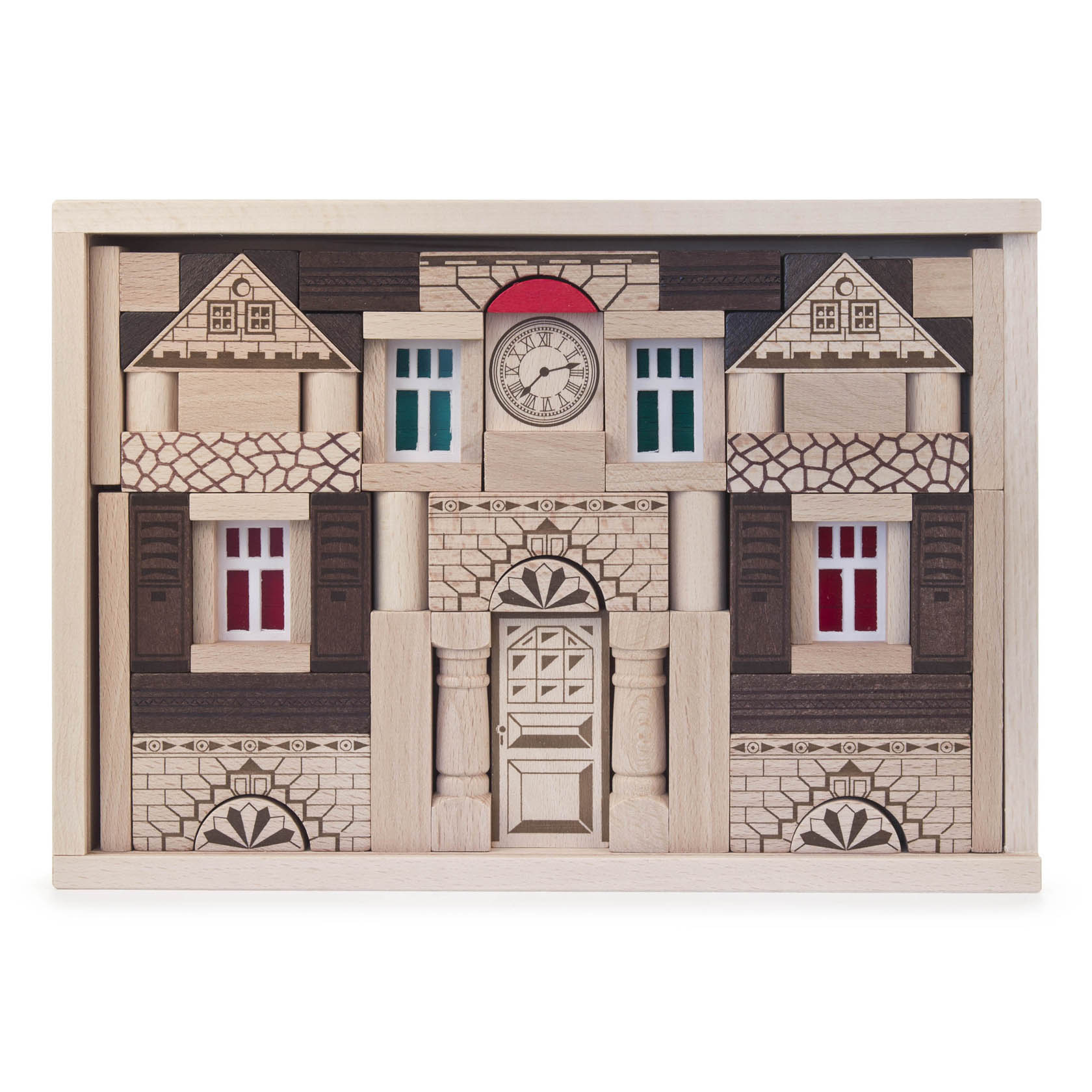 Ein Holzbaukasten enthält 82 Bausteine, die zusammen ein detailreich verziertes Gebäude mit Fenstern, Tür und Uhr in der Mitte darstellen. im Dregeno Online Shop günstig kaufen