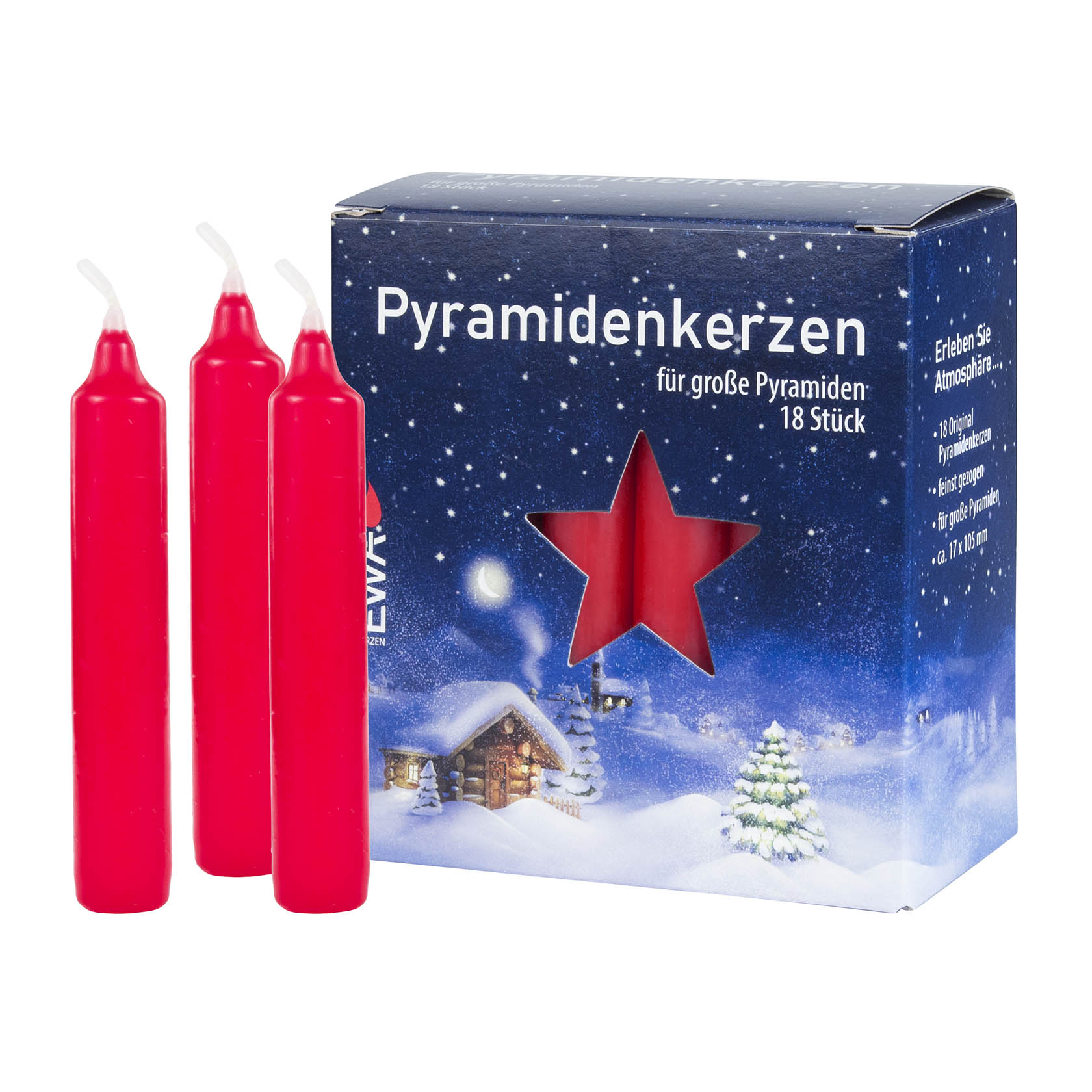 Zwei rote Pyramidenkerzen vor einer Verpackung mit winterlichem Design und der Aufschrift 'Pyramidenkerzen'. im Dregeno Online Shop günstig kaufen
