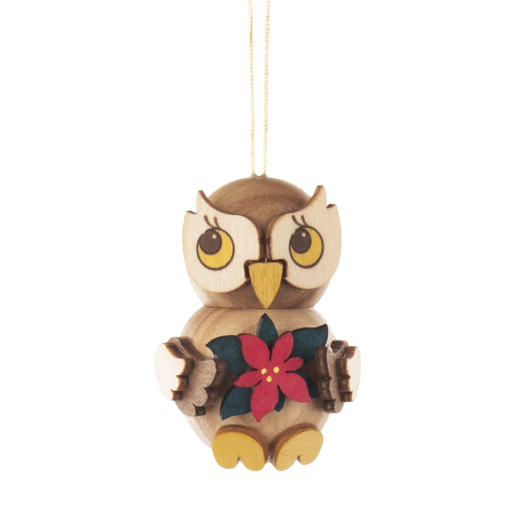 Holzeule als Christbaumschmuck, die ein rotes Weihnachtsstern-Motiv hält. im Dregeno Online Shop günstig kaufen