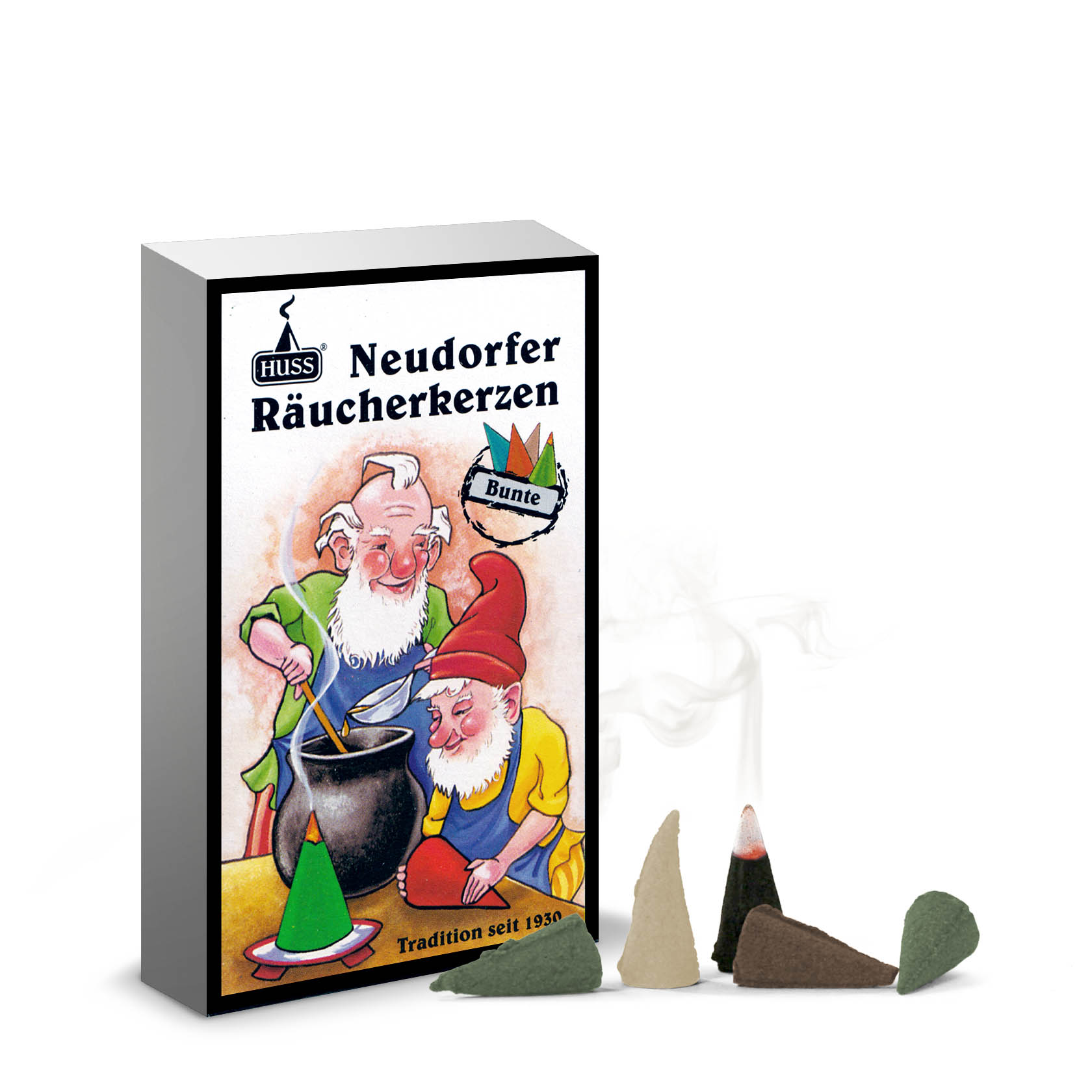 Verpackung der Neudorfer Räucherkerzen mit zwei gezeichneten Zwergen, einem großen Kessel und einzelnen, farbigen Räucherkegeln davor. im Dregeno Online Shop günstig kaufen