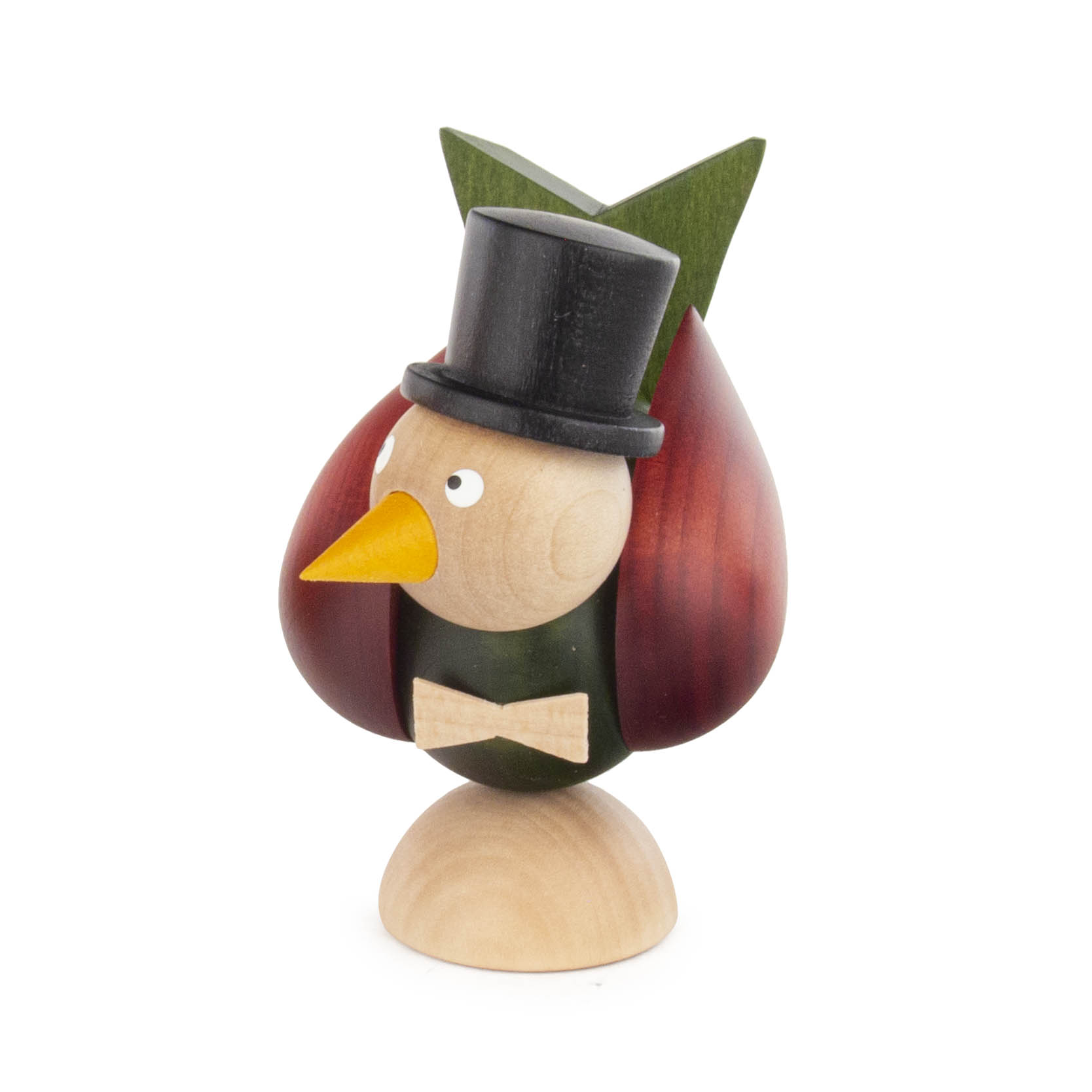 Holzfigur eines Vogels im Bräutigam-Outfit, mit schwarzem Zylinder, Schmetterlingsfliege und rote Flügel. Der Körper hat natürliche Holzfarben. im Dregeno Online Shop günstig kaufen