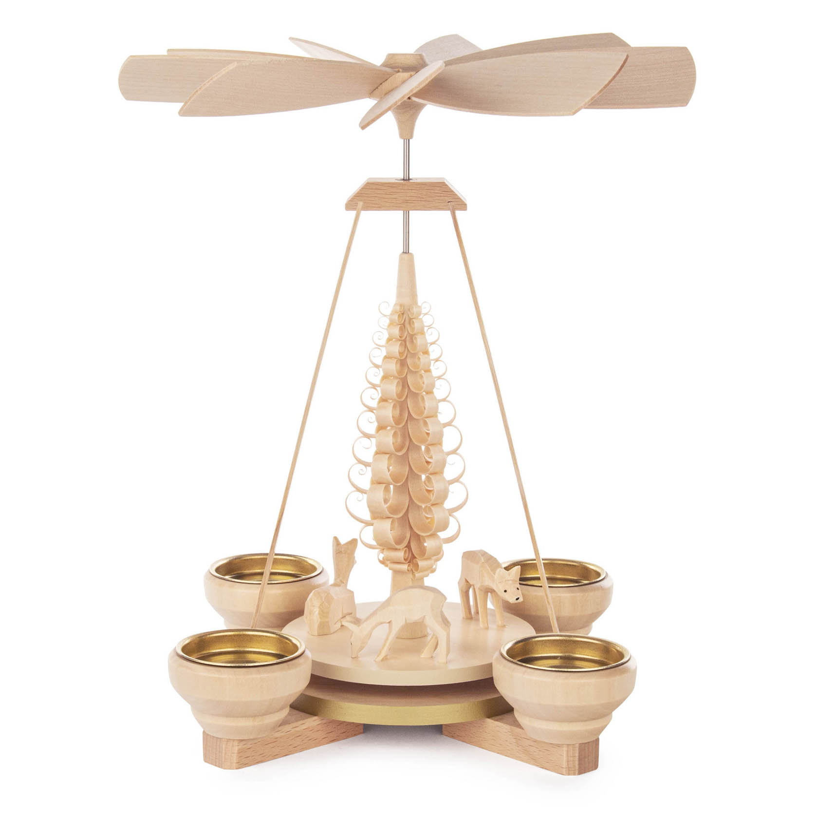 Holzpyramide für Teelichte mit geschnitzten Rehen und einem drehbaren Rotor, umgeben von Schalen für Teelichter. im Dregeno Online Shop günstig kaufen
