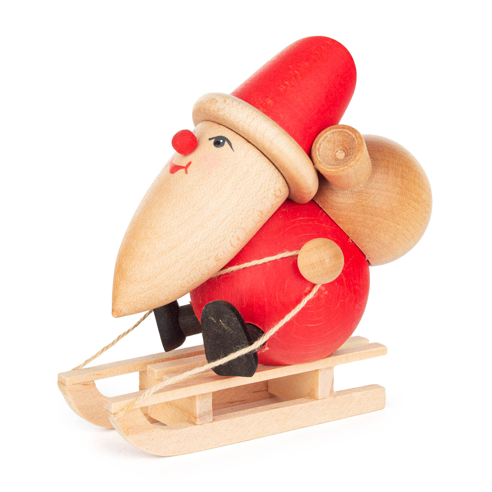 Holzfigur des Weihnachtsmanns auf einem Schlitten, mit roter Mütze und Mantel, lachendes Gesicht, schwarze Stiefel und einer weißen Bart.