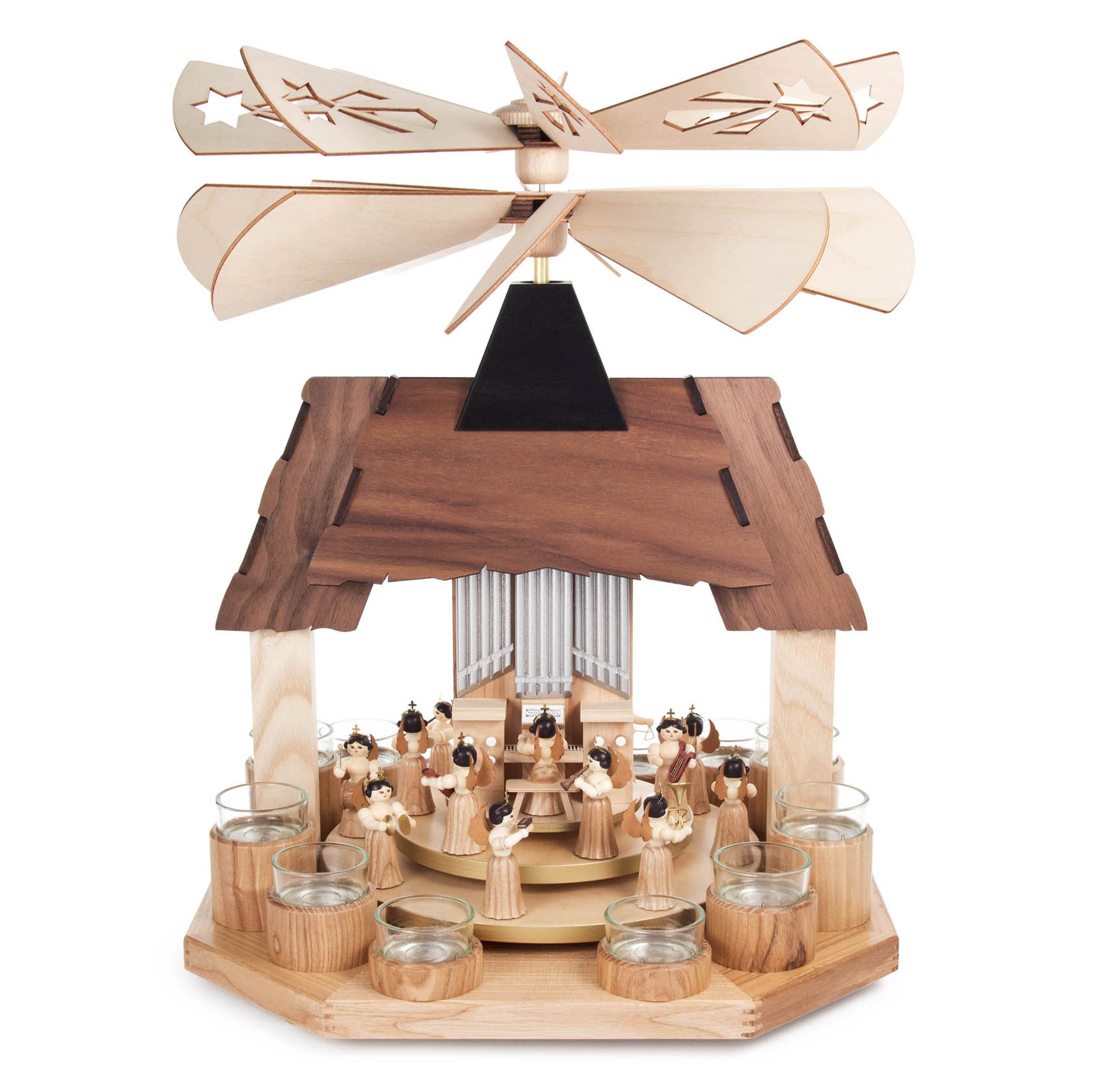 Holzpyramide mit Engelmotiven, zwei Flügelrädern, zwei rotierenden Ebenen und Halterungen für Teelichte, aus hellem und dunklem Holz gefertigt. im Dregeno Online Shop günstig kaufen