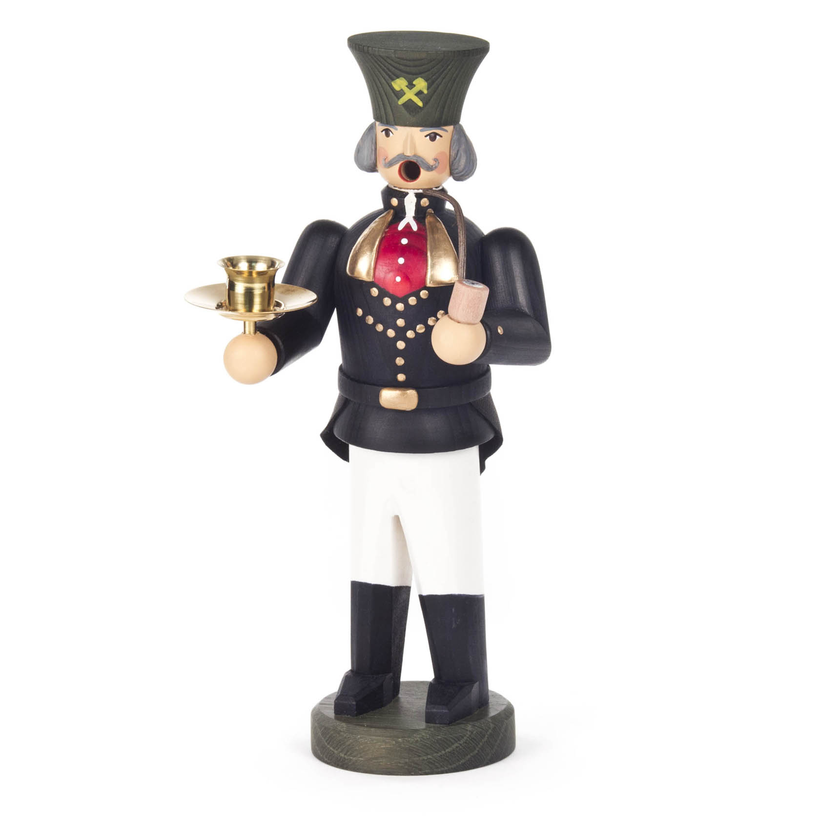 Holzfigur eines Bergmanns in traditioneller Uniform mit Kerzenhalter und Pfeife, schwarze Jacke, weiße Hose im Dregeno Online Shop günstig kaufen