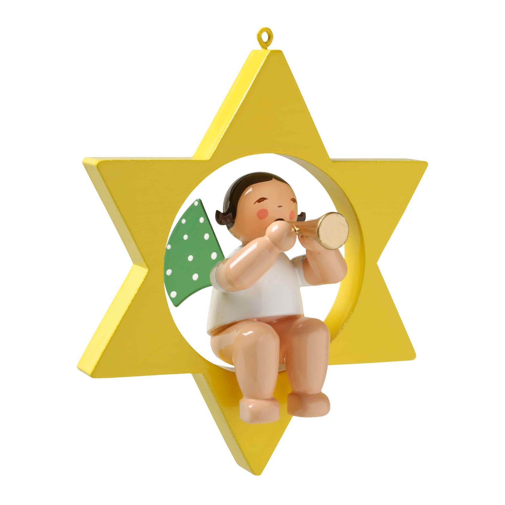 Figur eines Engels, der eine Flöte spielt, sitzt in einem gelben Stern. Der Engel hat grüne Flügel mit weißen Punkten und trägt ein weißes Gewand. im Dregeno Online Shop günstig kaufen