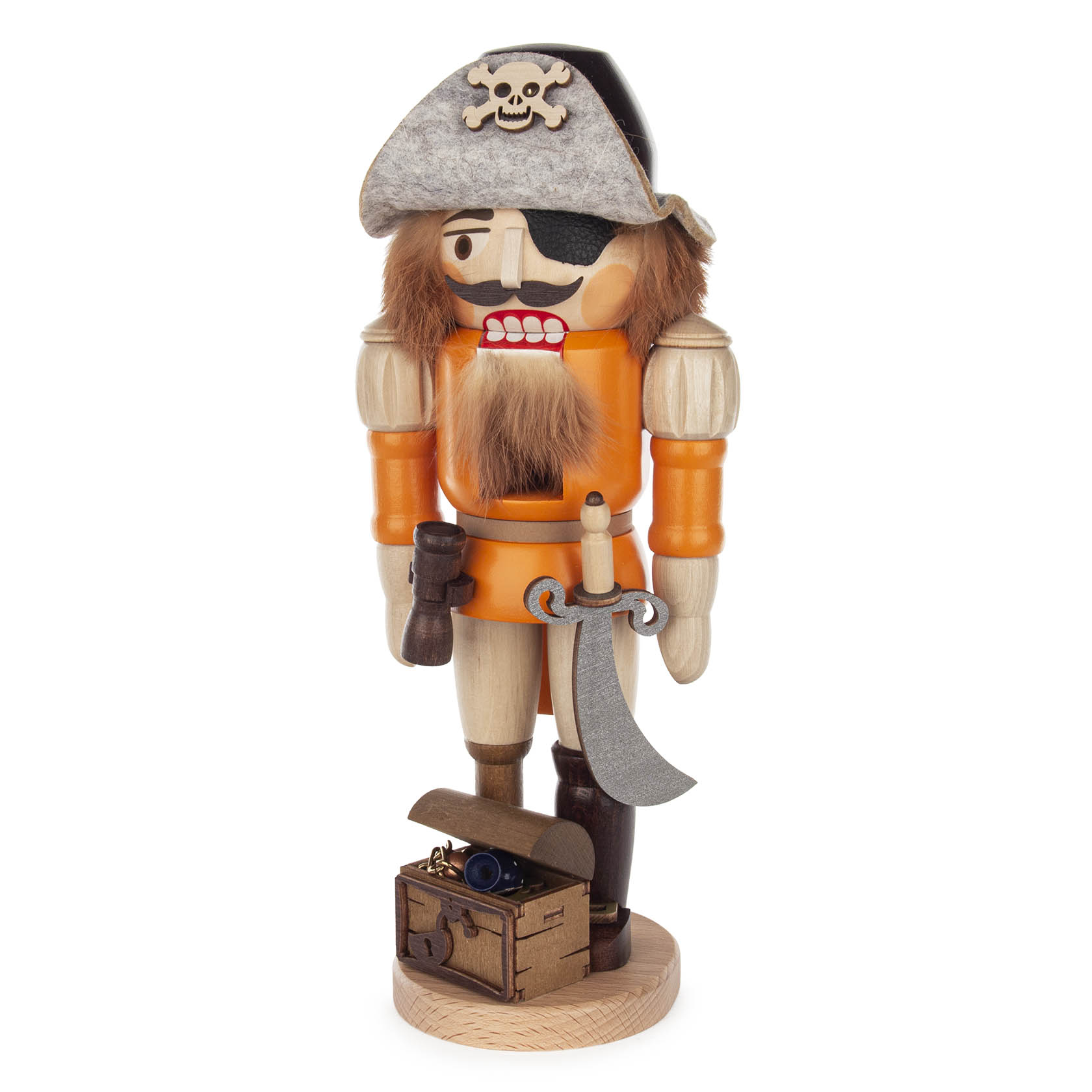 Ein piratenförmiger Nussknacker mit Holzarm, Augenklappe, Totenkopfmütze, orangefarbenem Oberteil und Spielzeugtruhe mit Kanone.