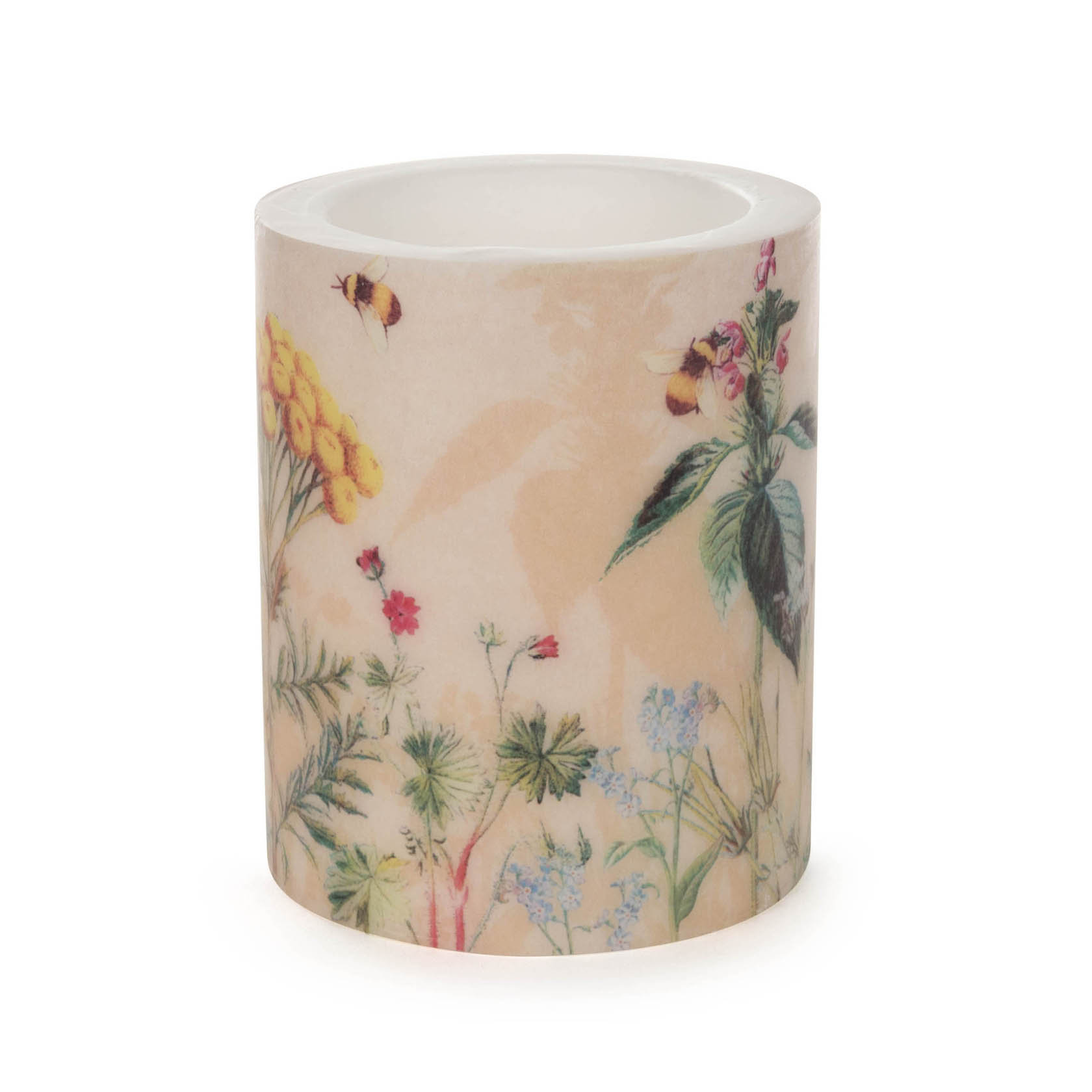 Dekokerze mit Blumenmuster und Bienen. Die Kerze hat einen Durchmesser von 10 cm und eine Höhe von 12 cm. im Dregeno Online Shop günstig kaufen