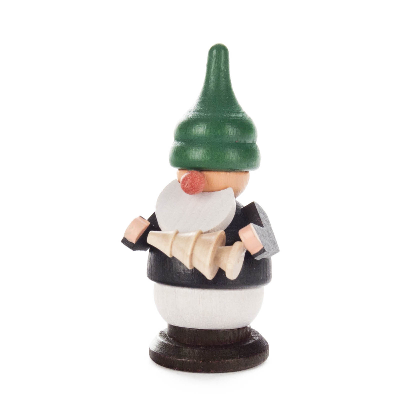 Holzfigur eines Bergwerkszwergs mit grünem Hut und schwarzem Oberteil, der eine weiße Scheibe und einen kleinen Baumstamm hält. im Dregeno Online Shop günstig kaufen