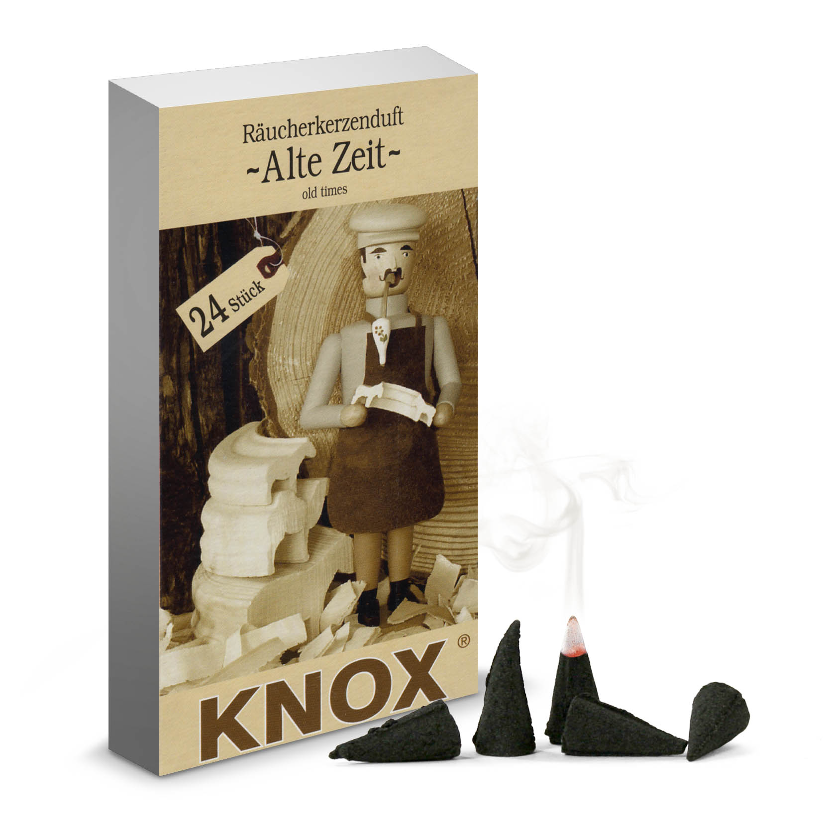 Packung mit 24 KNOX Räucherkerzen 'Alte Zeit'. Ein Karton zeigt eine antike Figur mit Pfeife und Holzspänen, daneben sind Kegel sichtbar, einer davon qualmt. im Dregeno Online Shop günstig kaufen