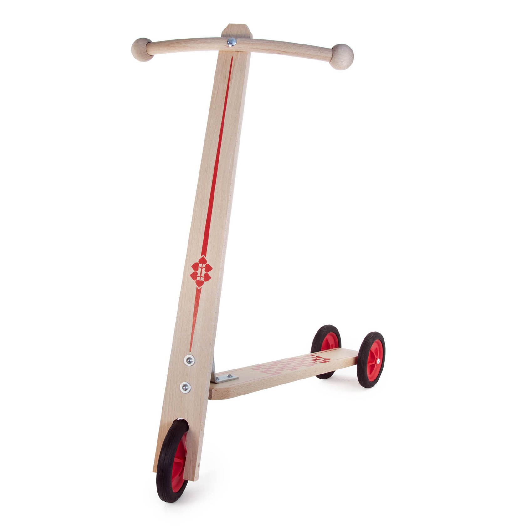 Holzroller mit drei roten Kunststoffrädern und einem schlichten, minimalistischen Design, bei dem das vordere Rad zentral angebracht ist. im Dregeno Online Shop günstig kaufen