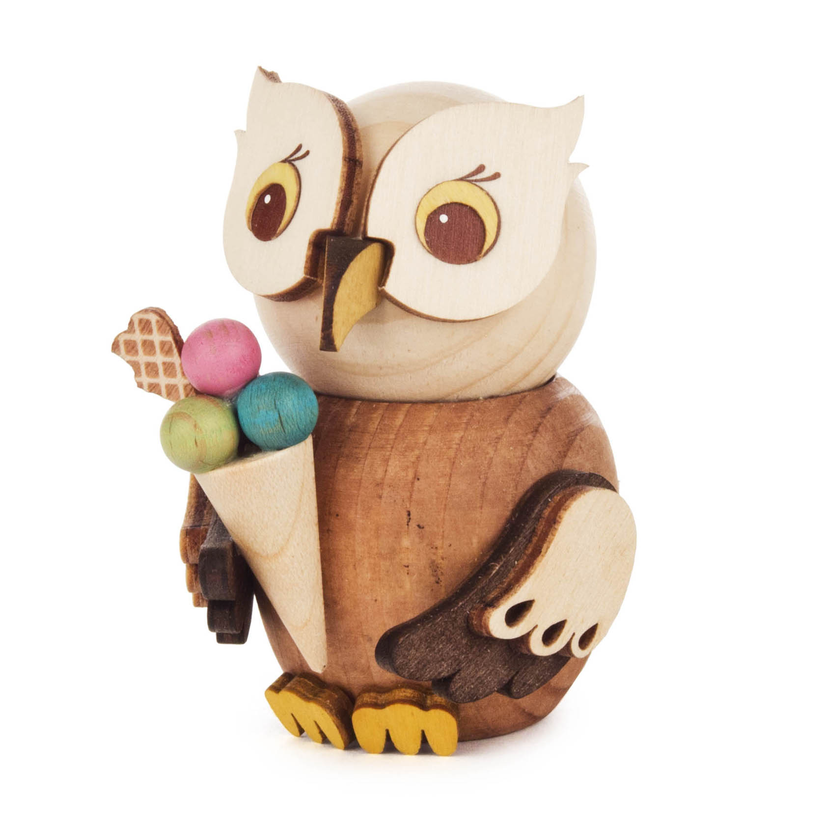 Holzeule mit großen Augen, die ein Eis mit drei bunten Eiskugeln in einem Waffelhörnchen hält. im Dregeno Online Shop günstig kaufen