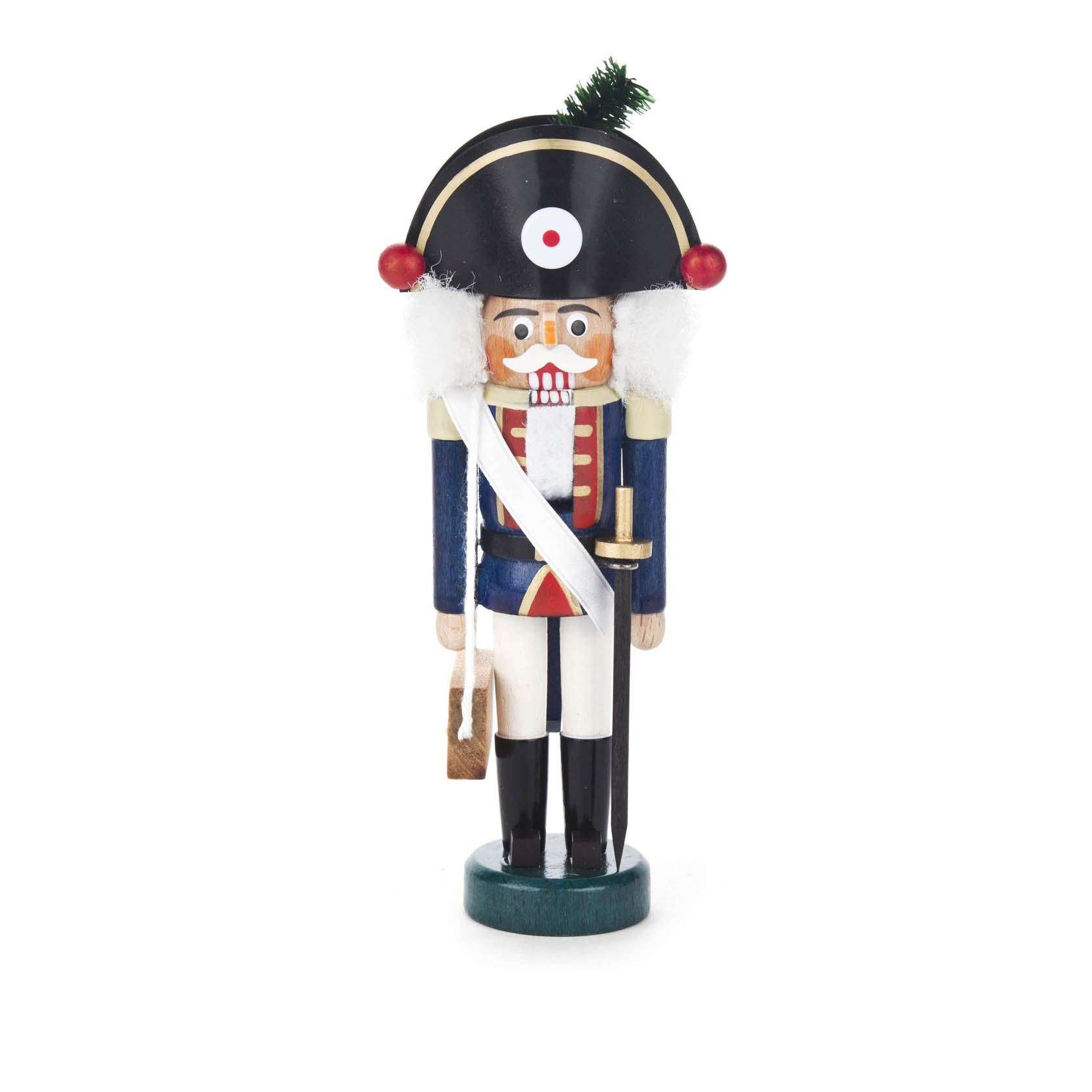 Ein blau-weiß gekleideter Nussknacker in Uniform, mit weißem Bart, einem Schwert und einem traditionellen französischen Hut. im Dregeno Online Shop günstig kaufen