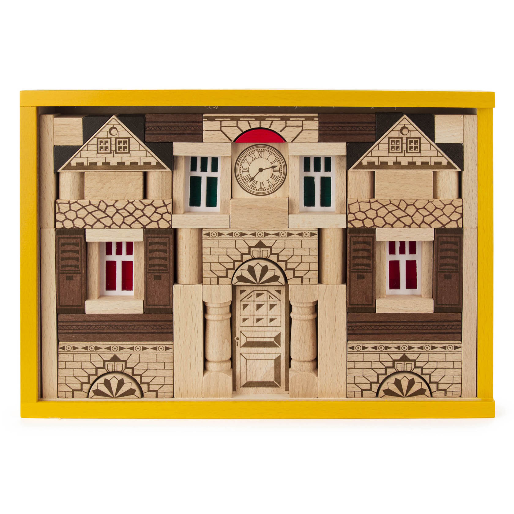 Baukasten 'Noblesse' mit 82 Teilen zeigt eine prächtige Fassade im klassischen Stil, mit Säulen, Fenstern und einer Uhr in der Mitte, umrahmt von gelben Rändern. im Dregeno Online Shop günstig kaufen