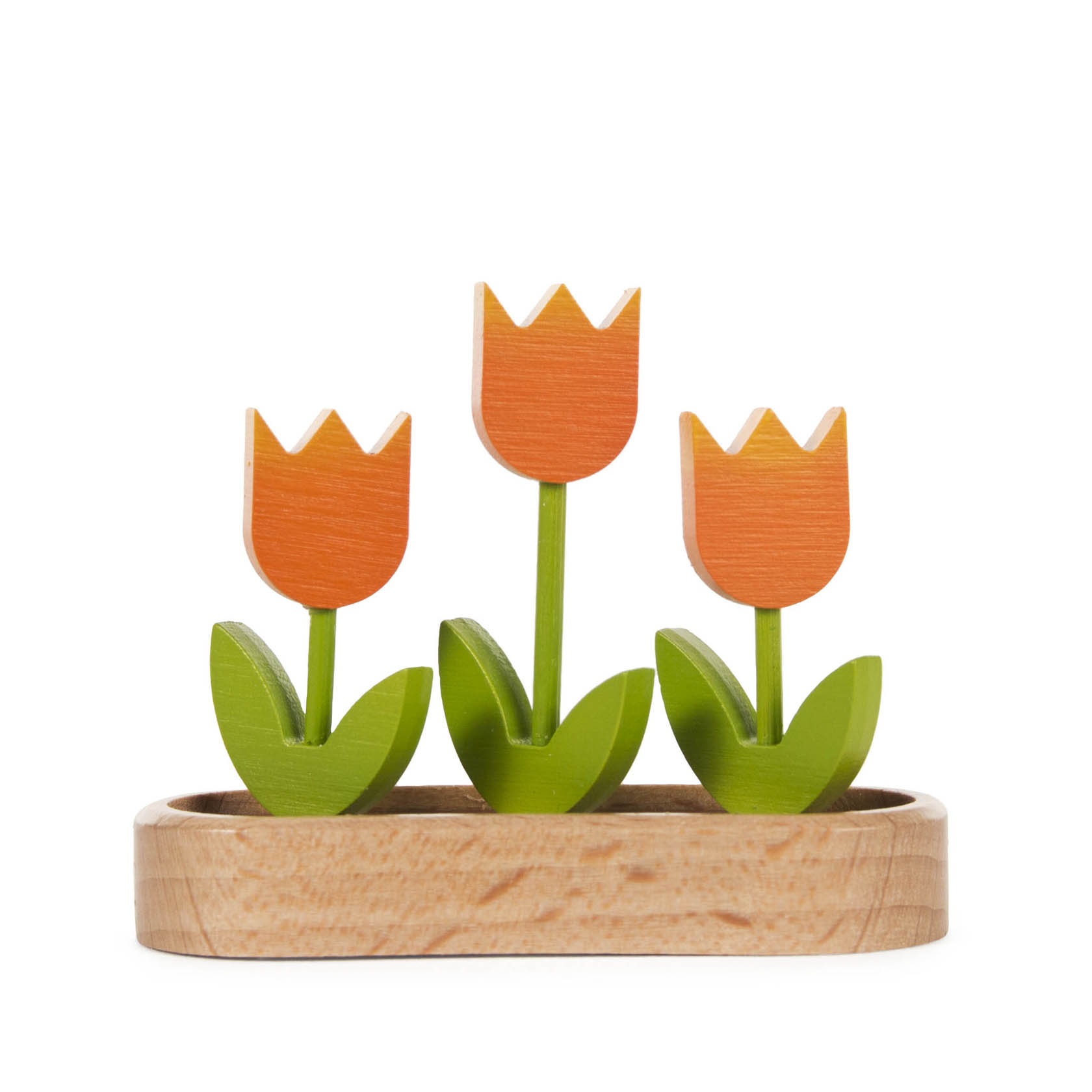 Drei stilisierte, orangefarbene Holztulpen mit grünen Blättern in einem kleinen, ovalen Holzständer. im Dregeno Online Shop günstig kaufen