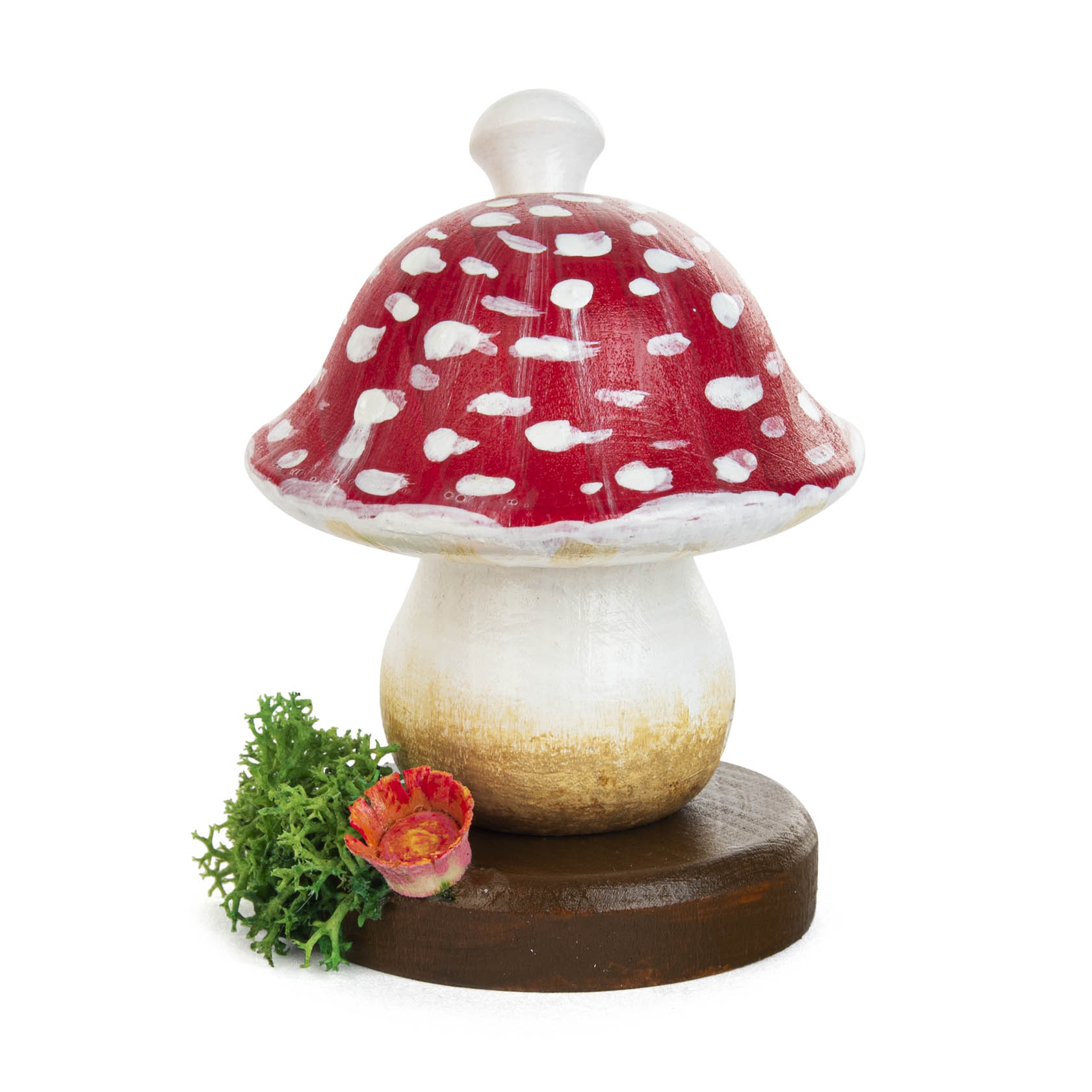 Ein Bastelset bestehend aus roten und naturbelassenen Holzteilen zum Bau eines Fliegenpilz-Räucherpilzes, inklusive eines runden roten Pilzhuts. im Dregeno Online Shop günstig kaufen