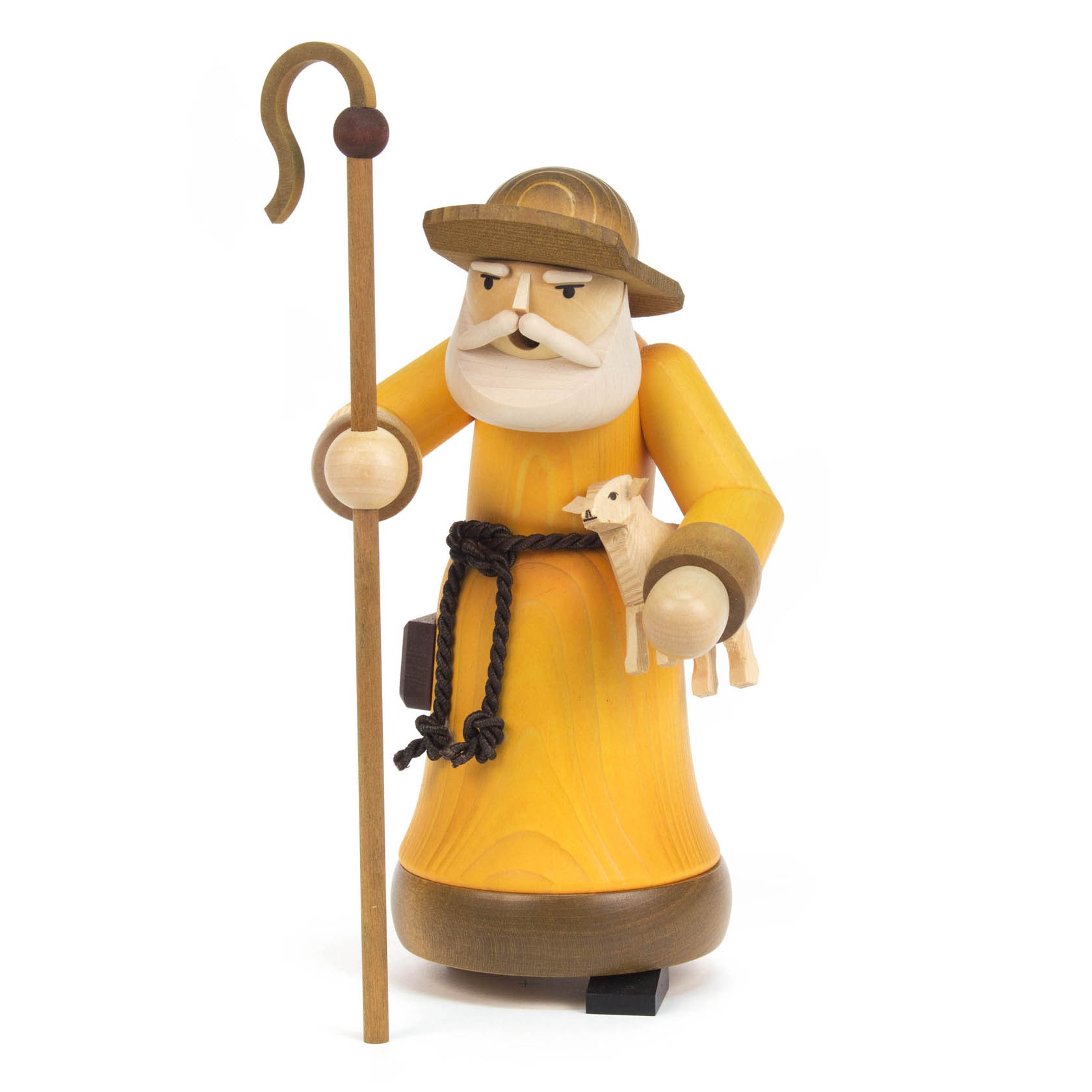Holzfigur eines gebeizten Schäfers mit Schnurrbart, die ein Schaf und einen Schäferstab hält. im Dregeno Online Shop günstig kaufen