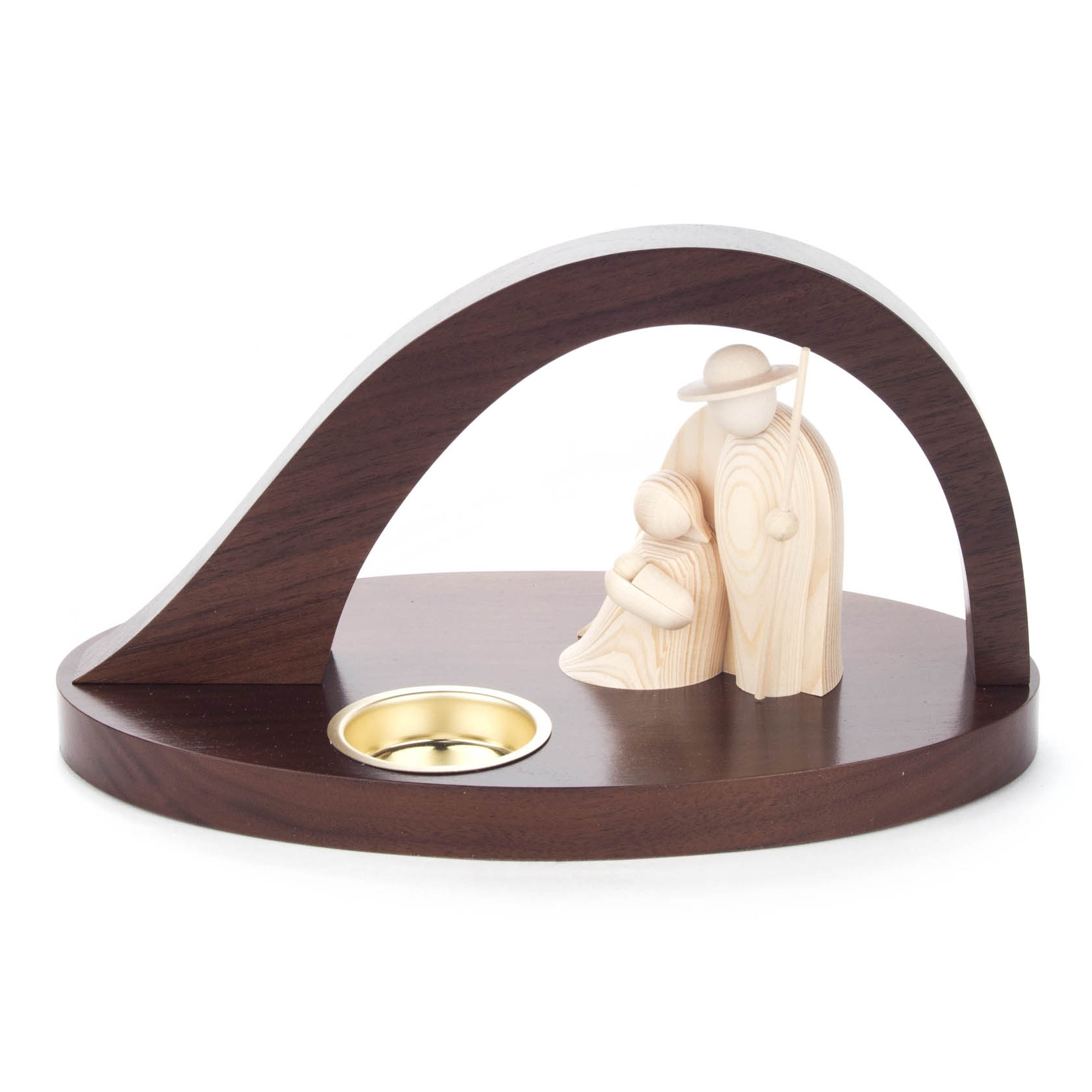 Teelichthalter aus Holz mit einem dunklen Bogen, der eine geschnitzte Figur einer Familie in Geborgenheit umschließt. im Dregeno Online Shop günstig kaufen