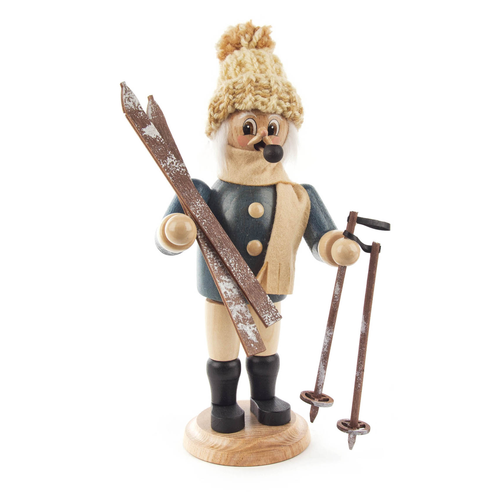 Holzfigur eines Skifahrers mit blauer Jacke, schwarzem Hut und Skibrille, hält Skier und Skistöcke in den Händen. im Dregeno Online Shop günstig kaufen