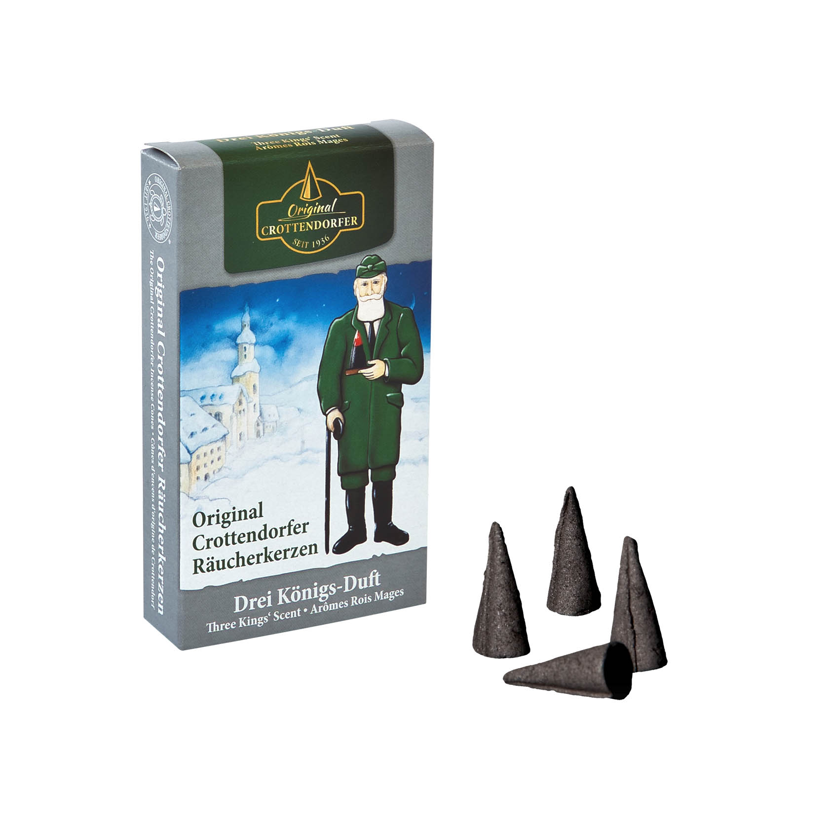 Schachtel Crottendorfer Räucherkerzen mit Drei-Königs-Duft, davor einige schwarze Kegel mit glühender Spitze. im Dregeno Online Shop günstig kaufen