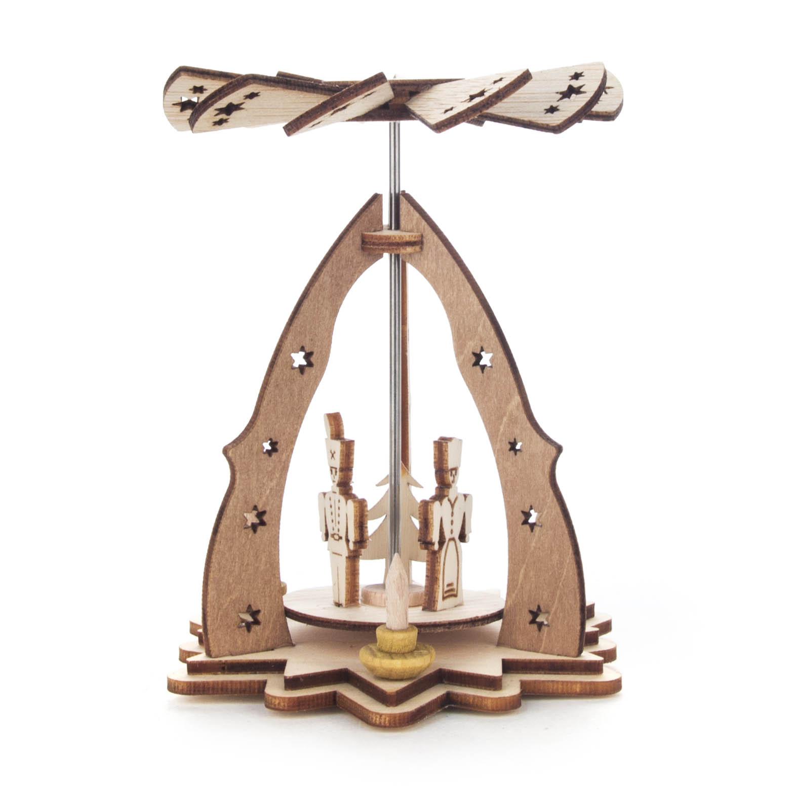 Wooden Christmas pyramid featuring an angel and a miner, both in traditional attire, beneath a star-adorned wooden arch with a propeller on top. im Dregeno Online Shop günstig kaufen