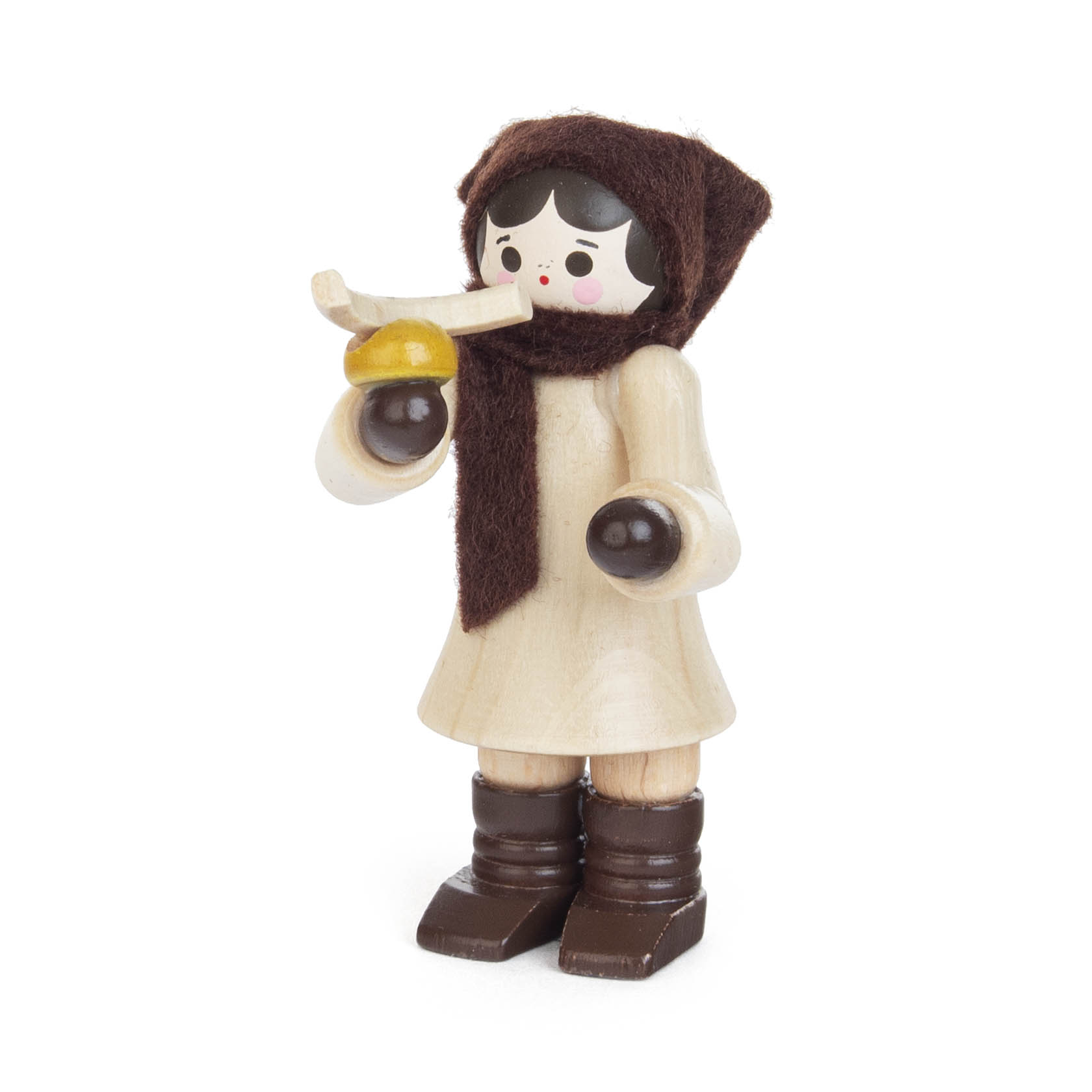 Holzfigur einer Mutter mit brauner Kopfbedeckung und Schal, die eine Bratwurst mit Senf in der linken Hand hält. im Dregeno Online Shop günstig kaufen