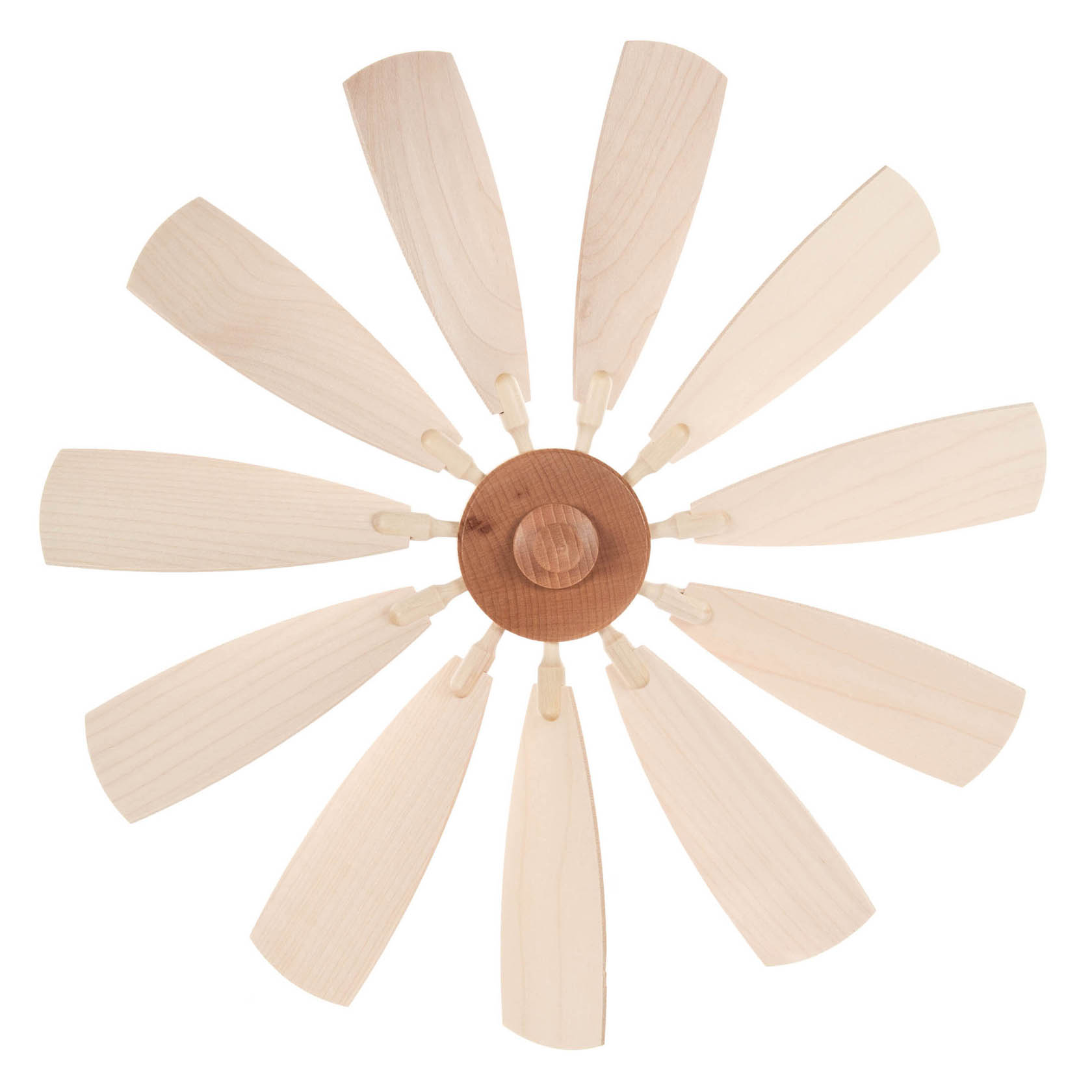 Wooden propeller with twelve elongated, curved blades arranged symmetrically around a central wooden hub, viewed from above. im Dregeno Online Shop günstig kaufen