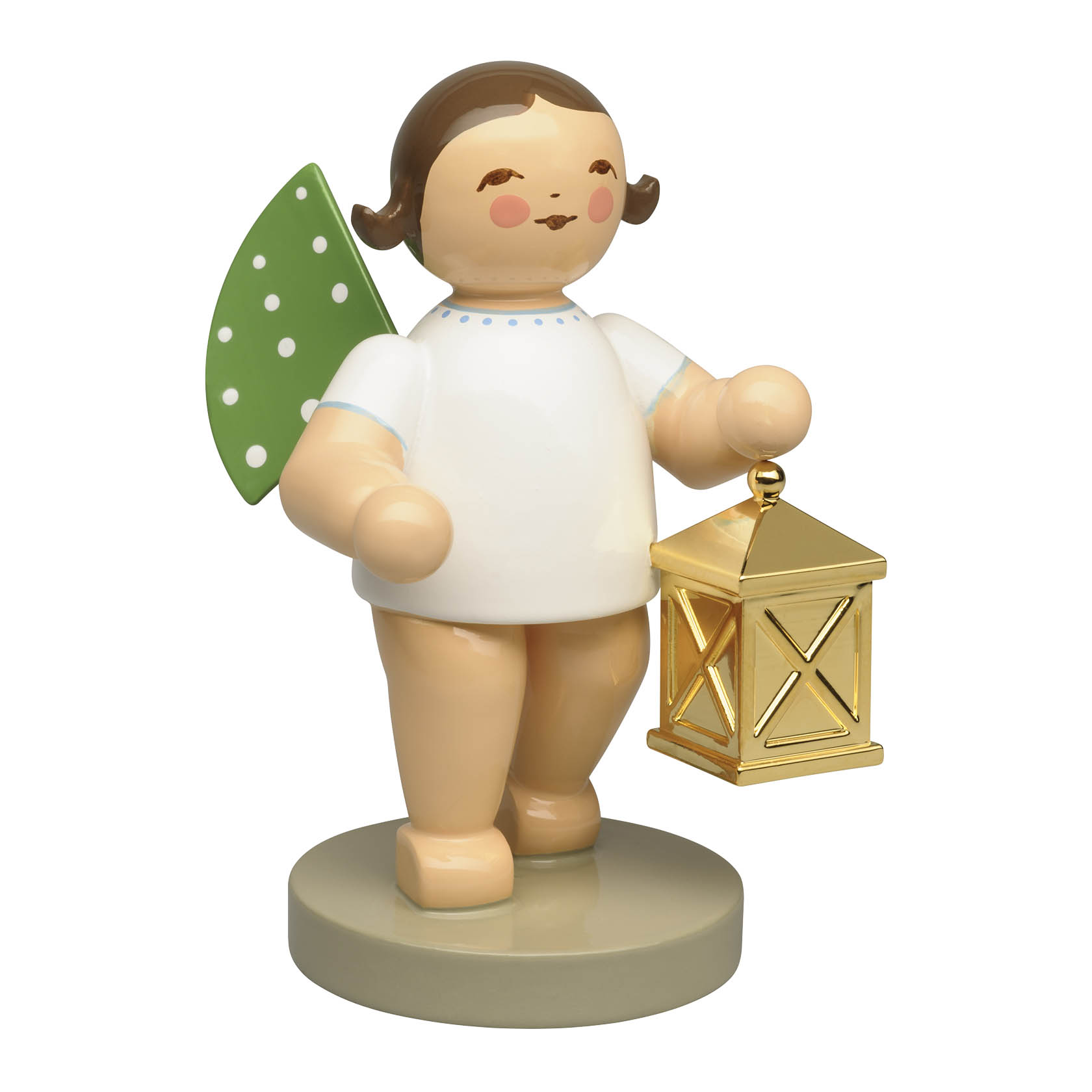 Engel-Figur mit grünen Flügeln und weißen Punkten, trägt eine goldene Laterne und steht auf einem runden Sockel. im Dregeno Online Shop günstig kaufen