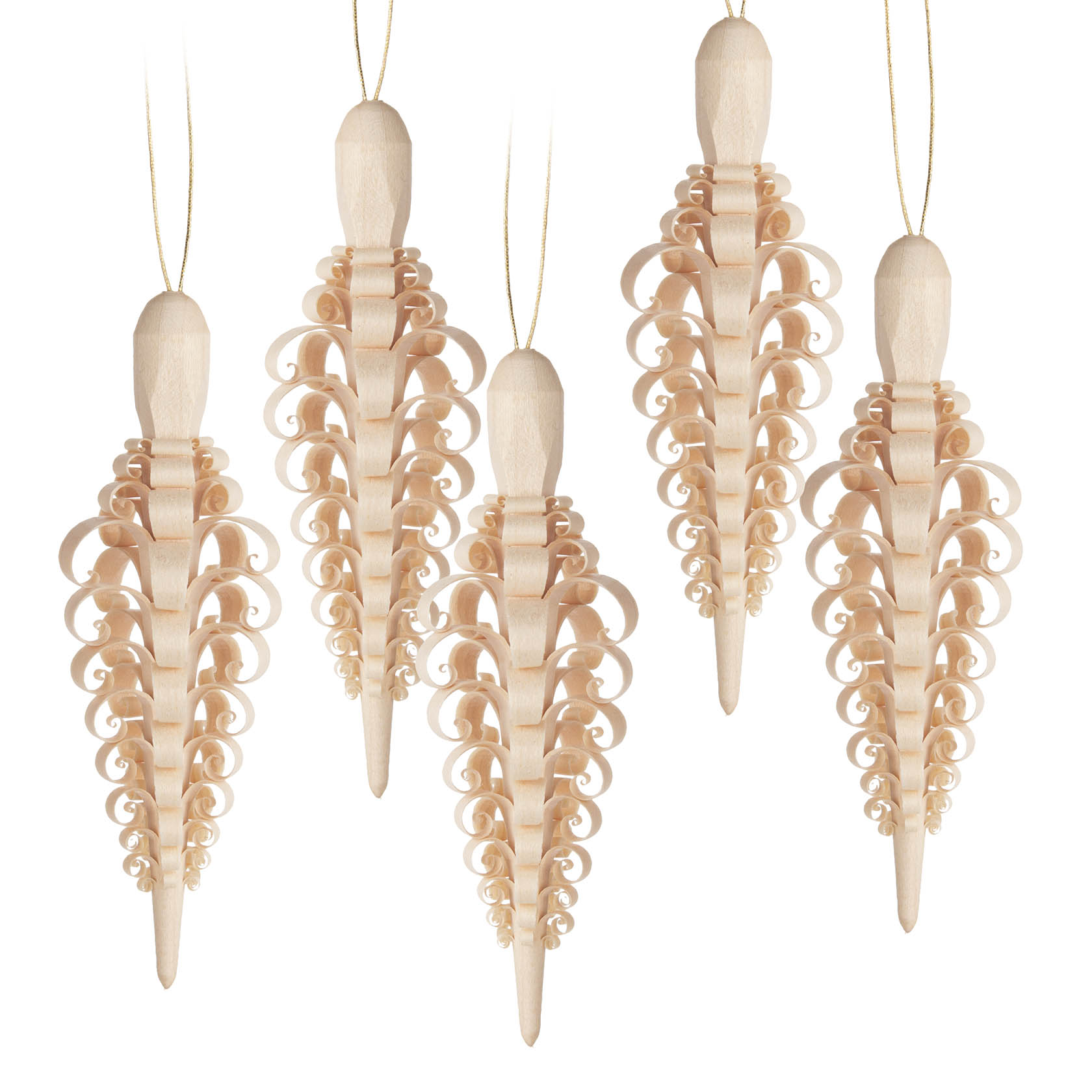 Fünf große, geformte Holzspäne an Schnüren, die als dekorative Hängeornamente verwendet werden. im Dregeno Online Shop günstig kaufen