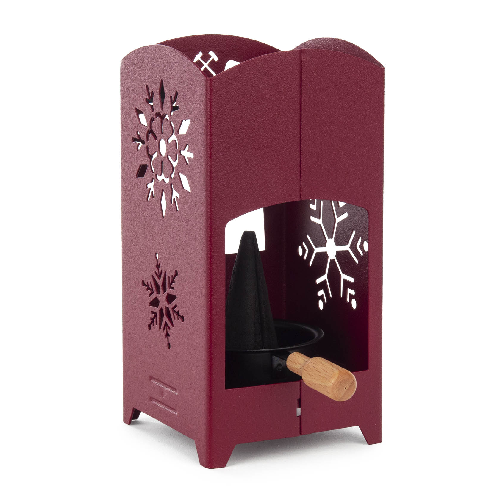 A purple-red incense lantern with snowflake cutouts, suitable for all incense cone sizes and tealights, featuring an ash tray with a wooden handle.